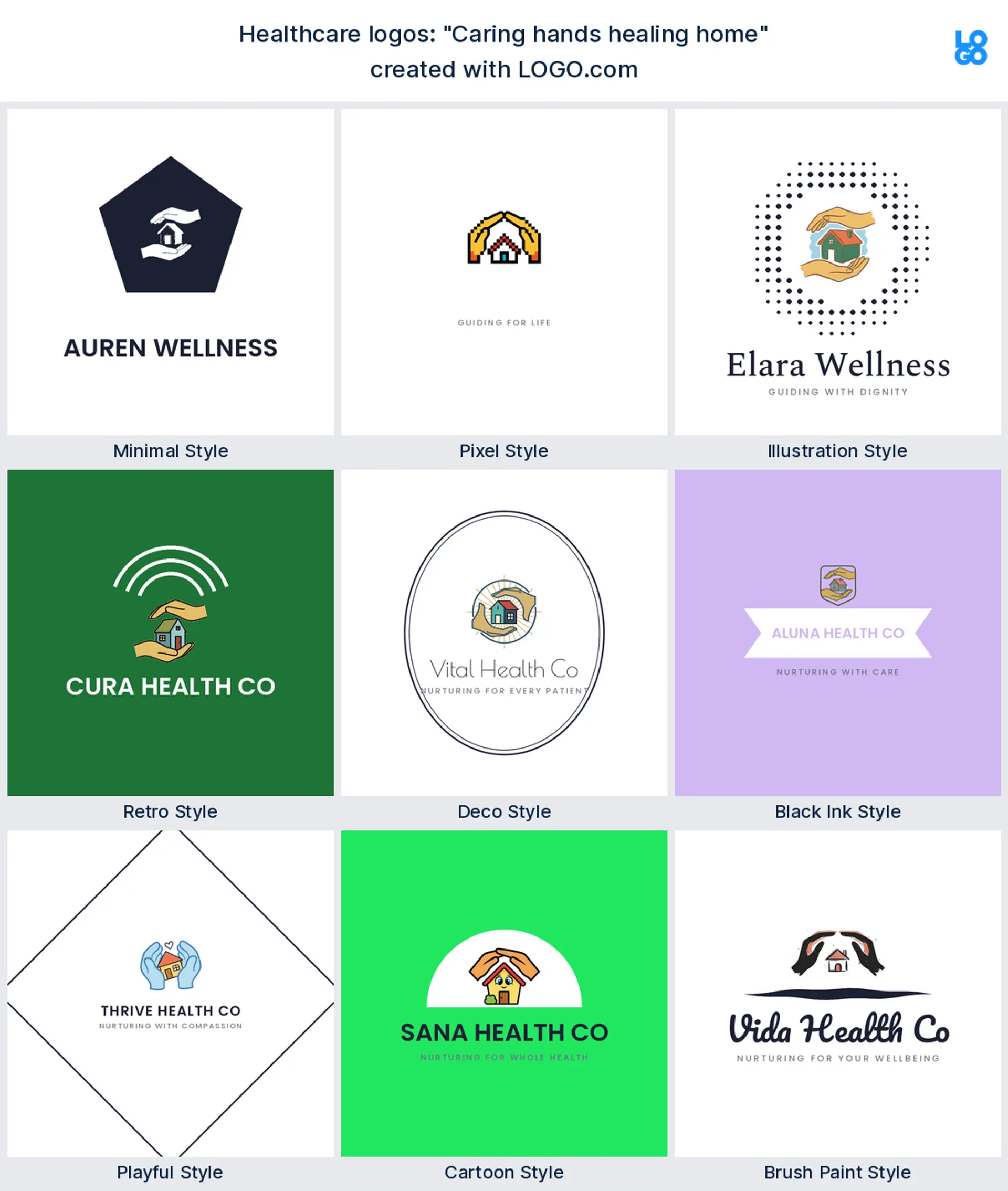 The "Caring hands healing home" healthcare logo idea shown across nine LOGO.com styles