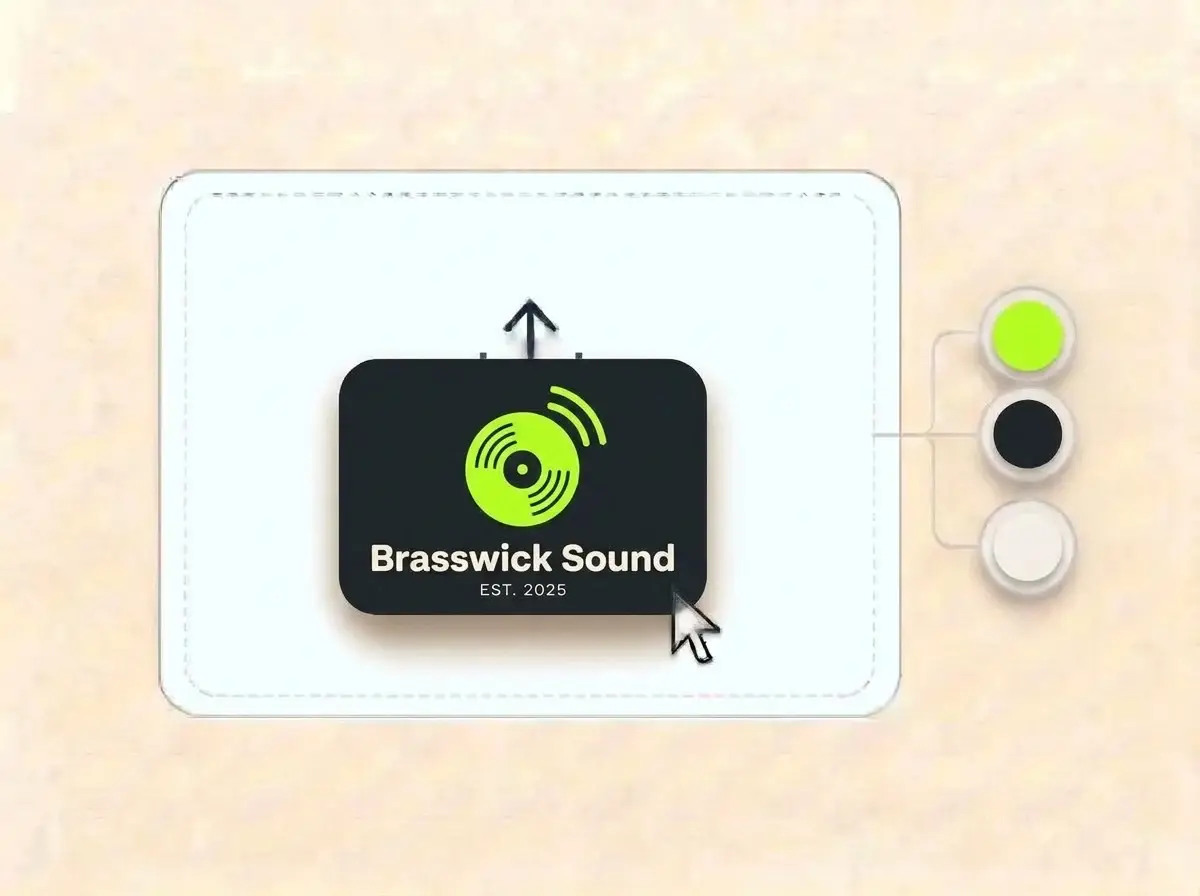 Brasswick Sound logo, a neon green vinyl record with sound waves on a near black card, dropped into the LOGO.com upload box with its colors split into swatches