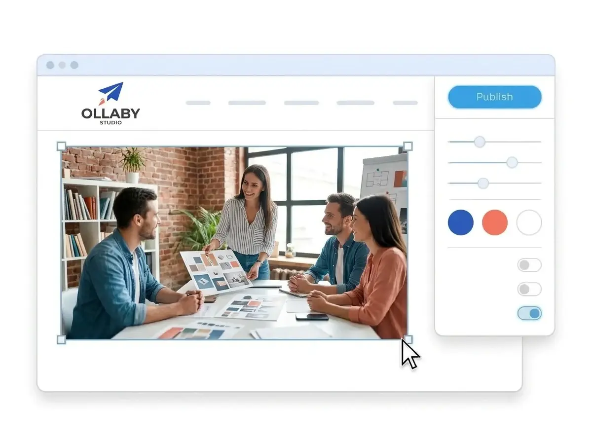 Editing the Ollaby Studio website with a photo of a client call selected, the style panel open and the Publish button ready