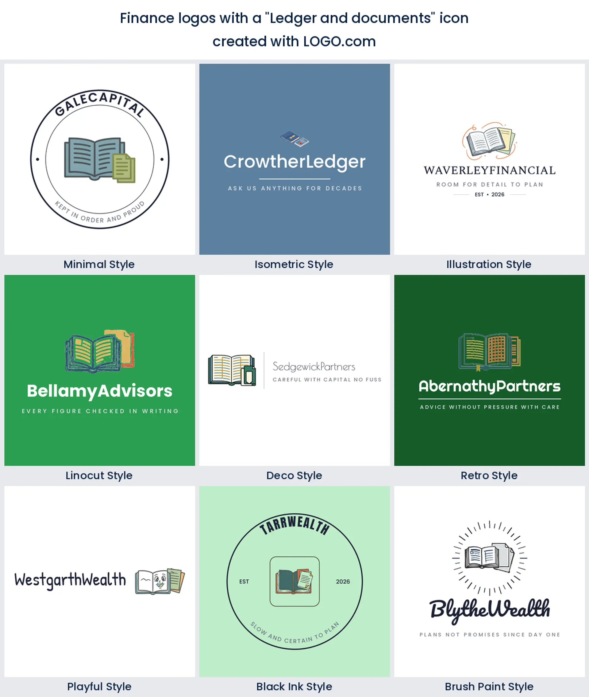 Nine styles of finance logo built on an open ledger and stacked documents