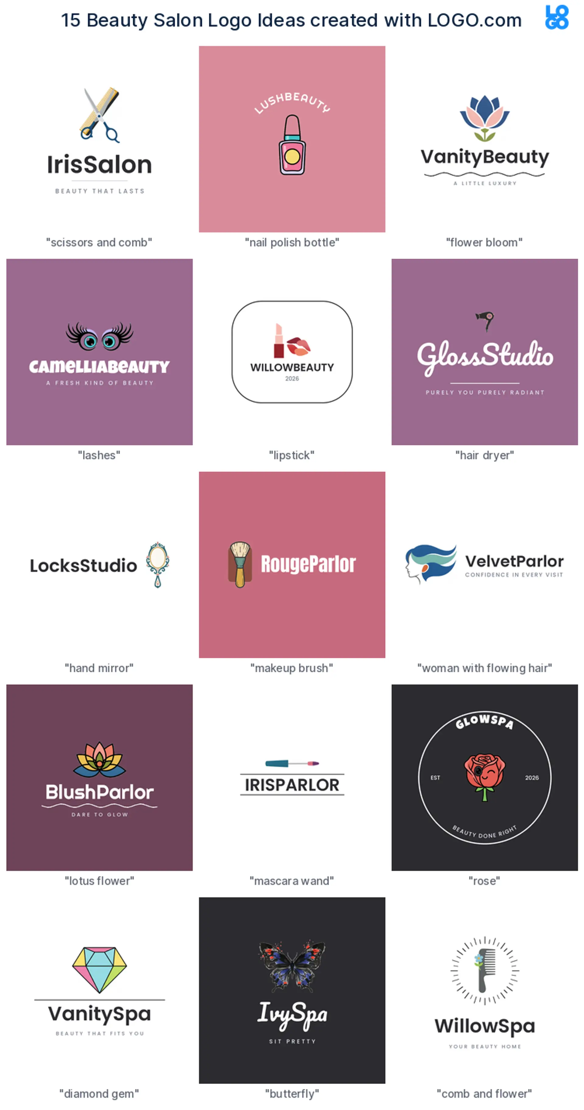 Fifteen beauty salon logo ideas shown across nine LOGO.com styles