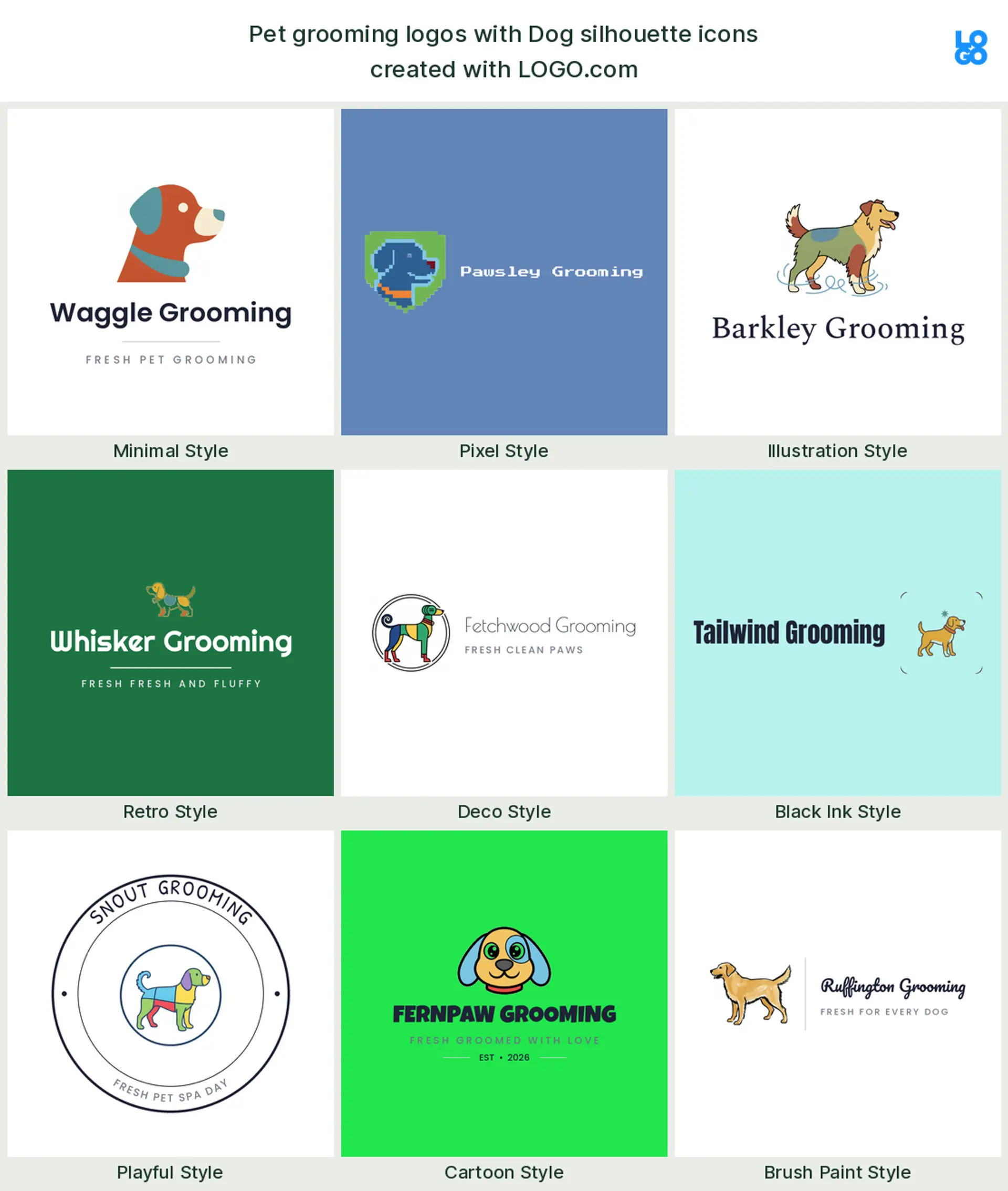 Dog silhouette, a popular pet grooming logo symbol, shown across nine styles on LOGO.com