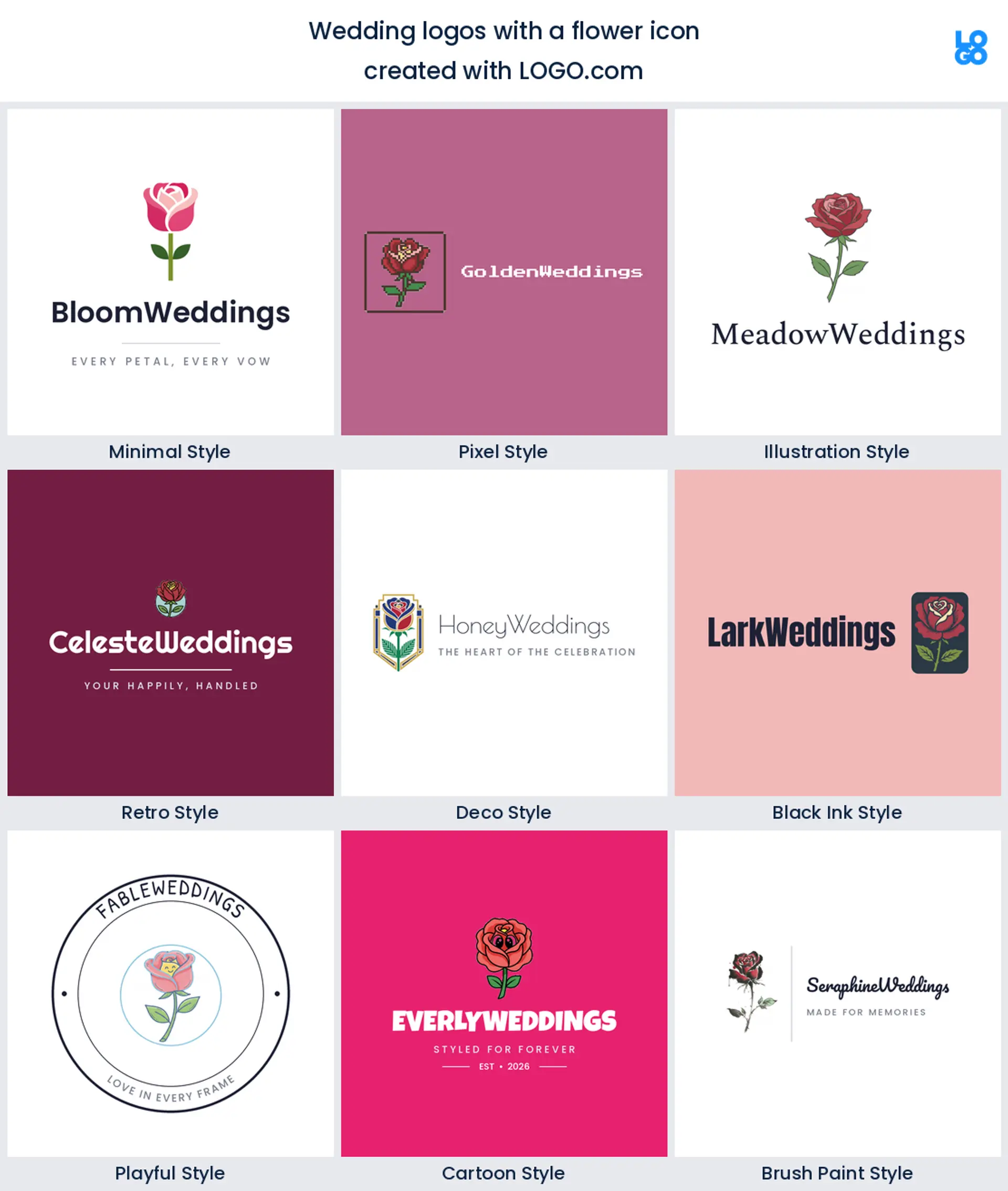 Flower wedding logo shown in nine LOGO.com styles