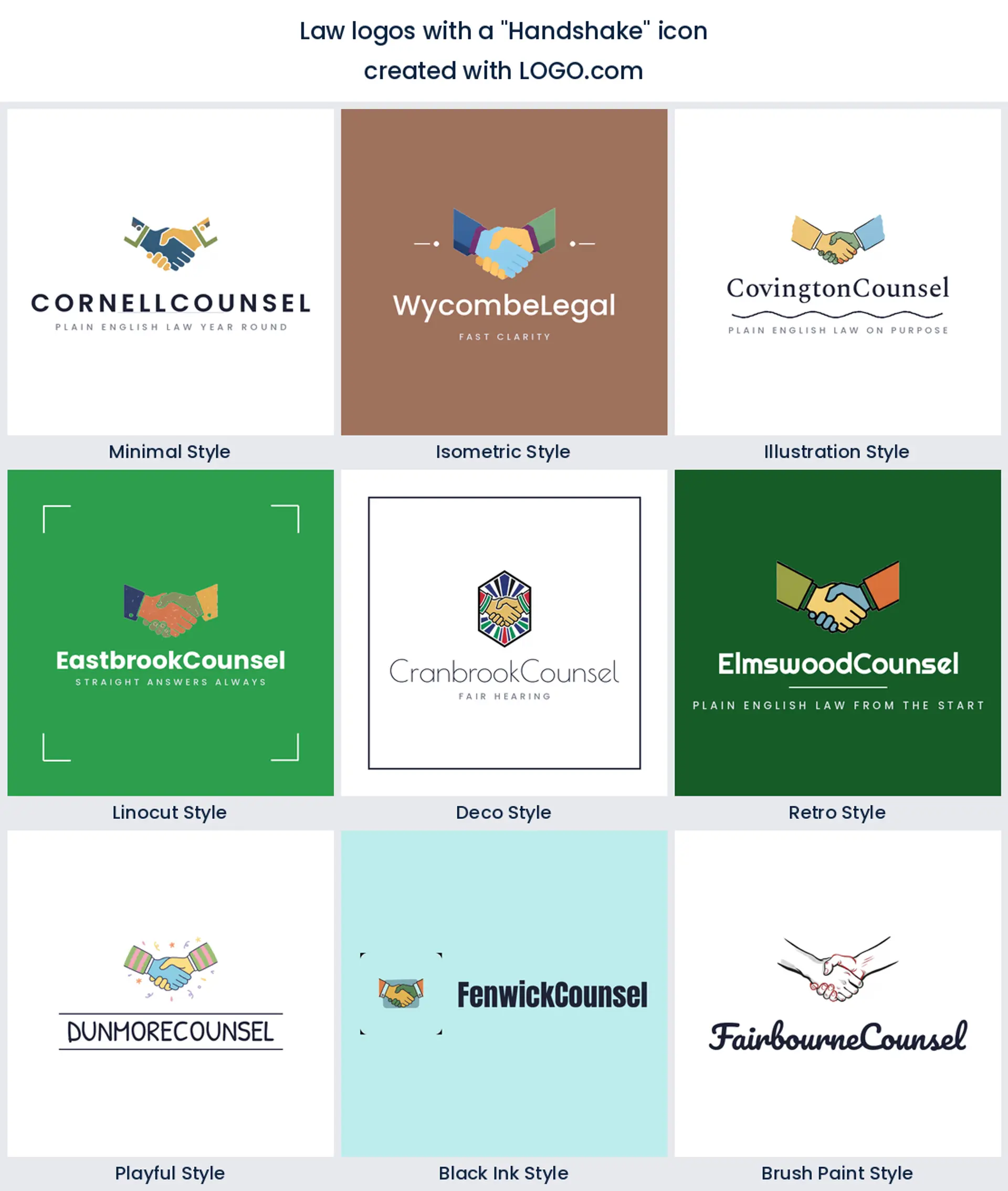 Handshake logo designs for mediation brands in nine LOGO.com styles