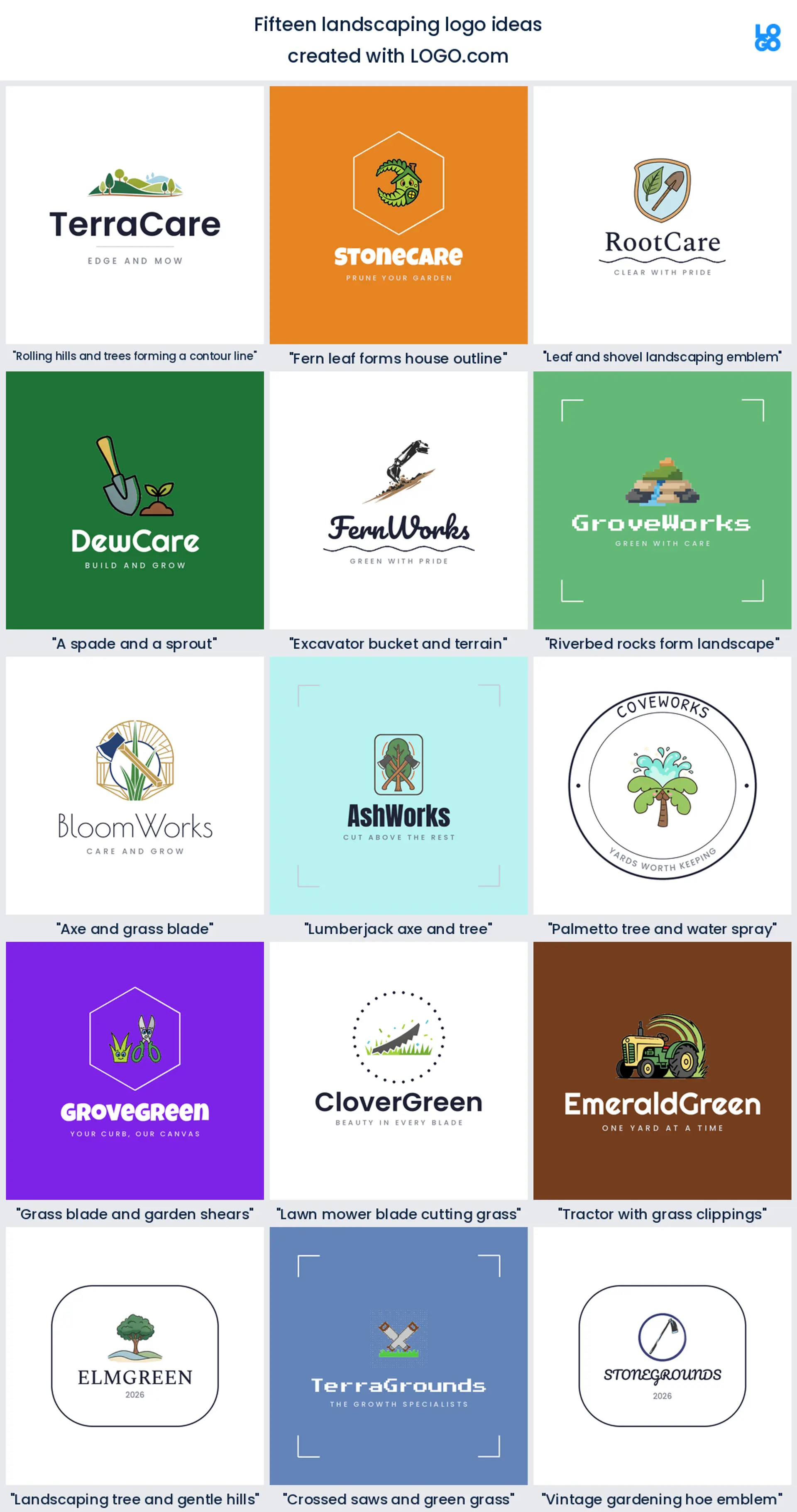 Fifteen landscaping logo ideas shown across nine LOGO.com styles