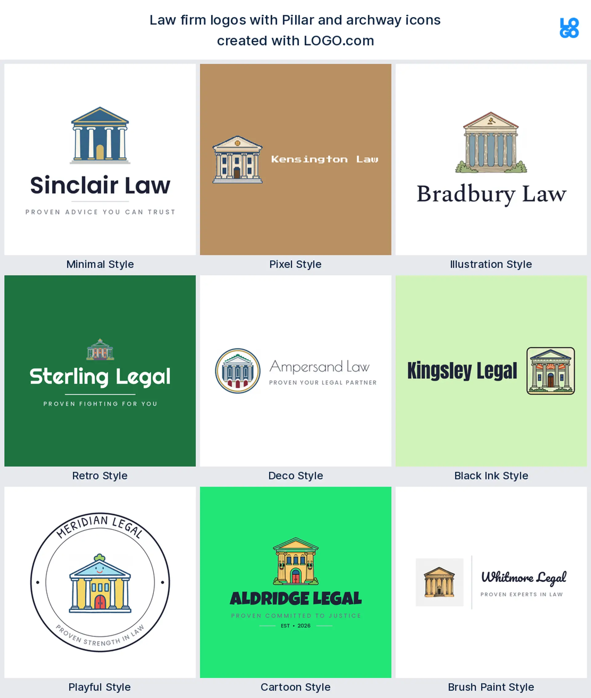 Pillar and archway, a popular legal logo symbol, shown across nine styles on LOGO.com