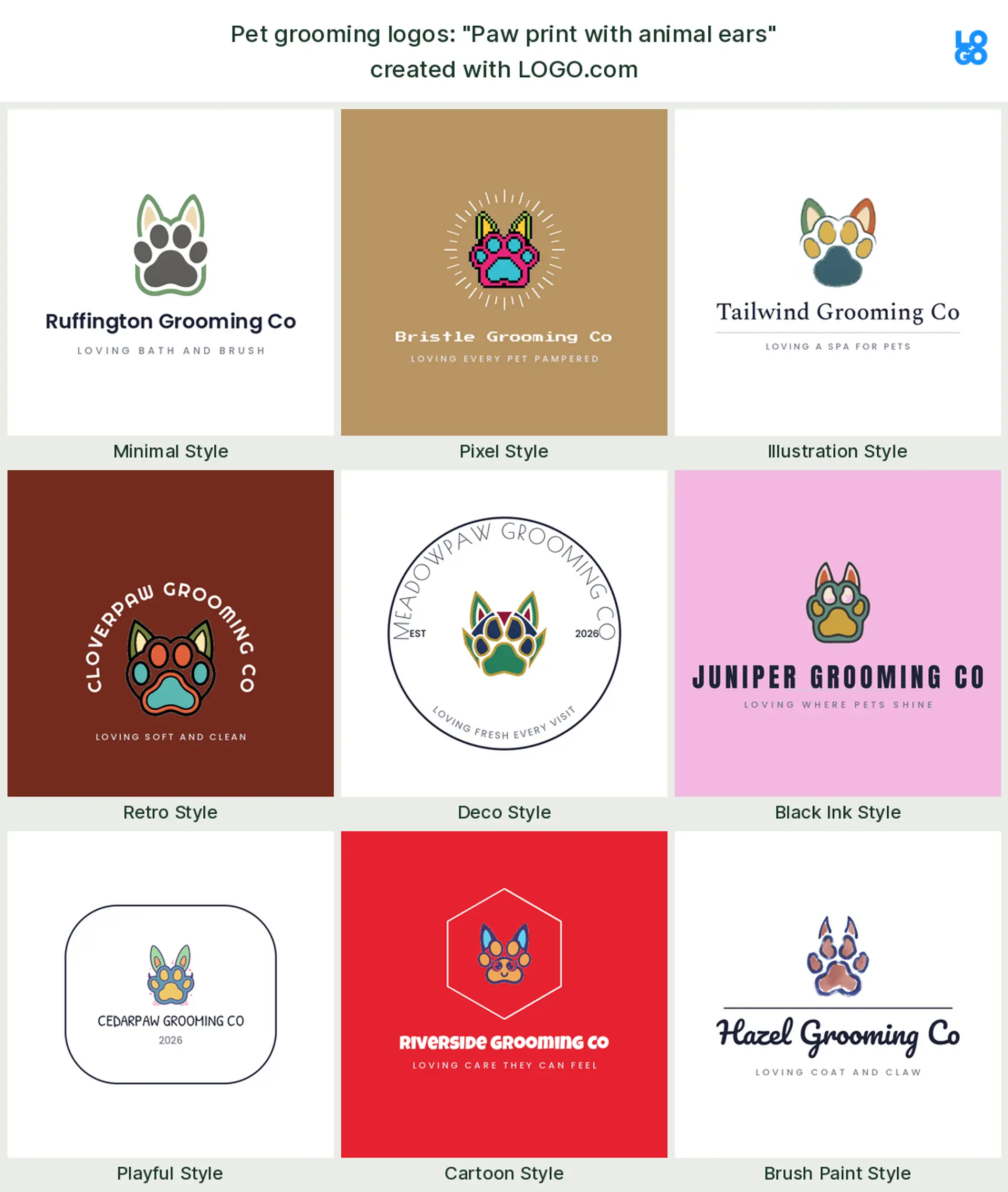 The "Paw print with animal ears" pet grooming logo idea, shown across nine styles on LOGO.com