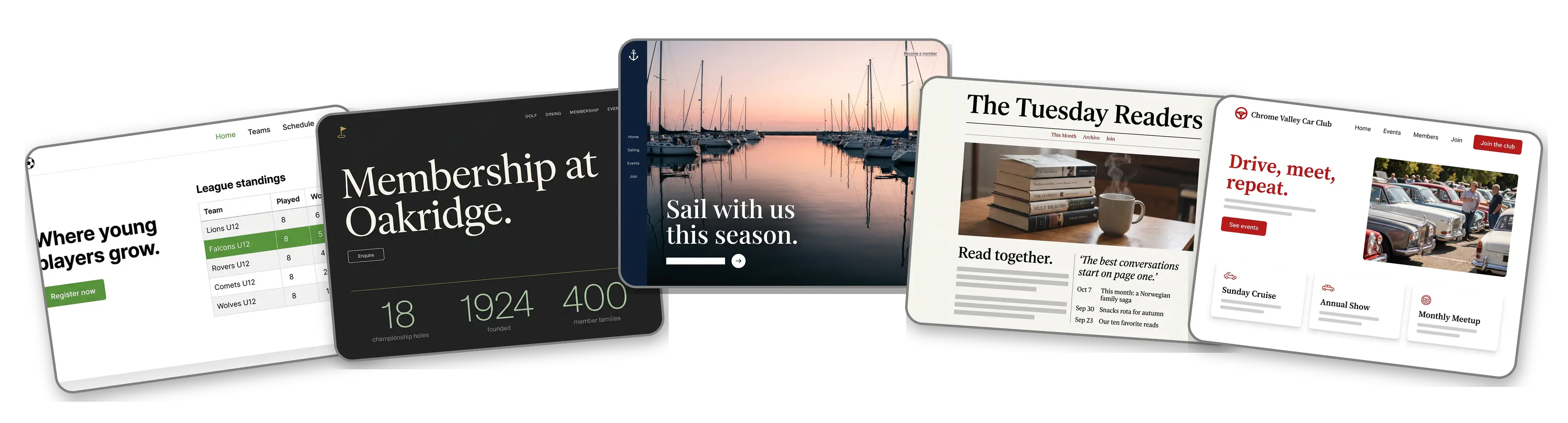 Five membership websites built with LOGO.com from a logo upload: a youth soccer club, a golf and country club, a sailing club, a neighborhood book club and a classic car owners club