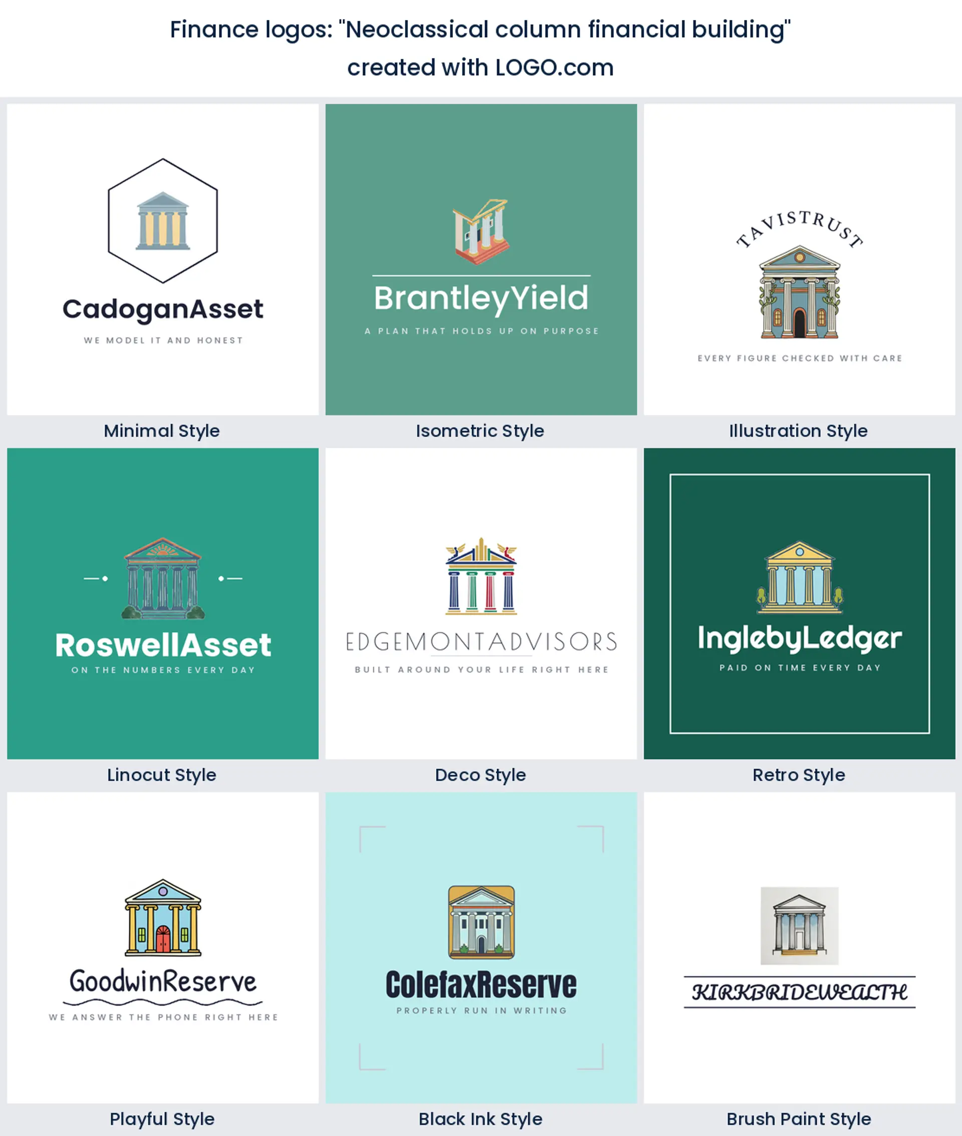 Nine styles of banking logo with a columned finance building