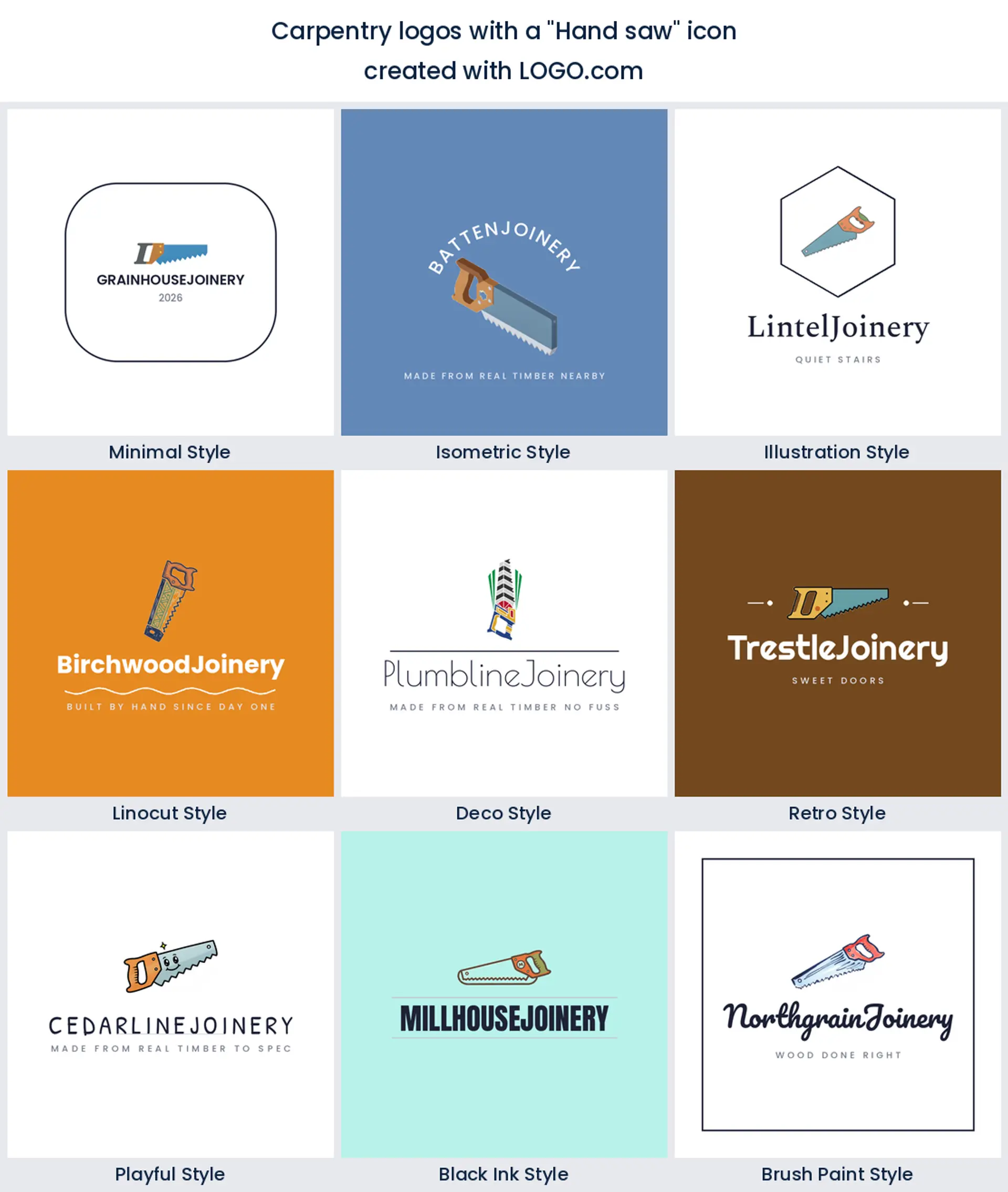 Hand saw carpentry logo shown across nine LOGO.com styles