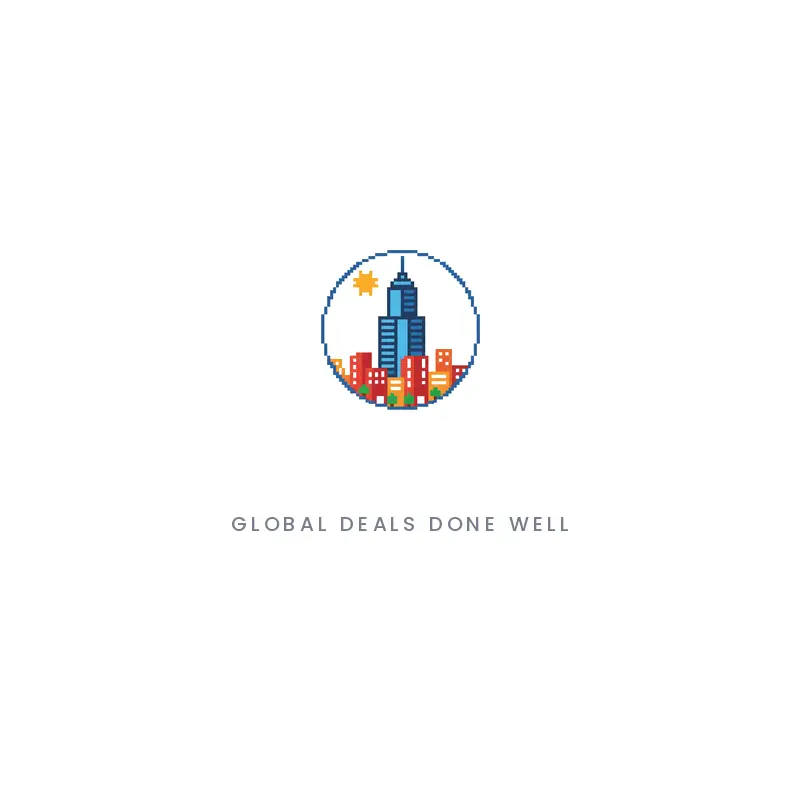 A building overlooking a city, an investment group real estate logo in a pixel style