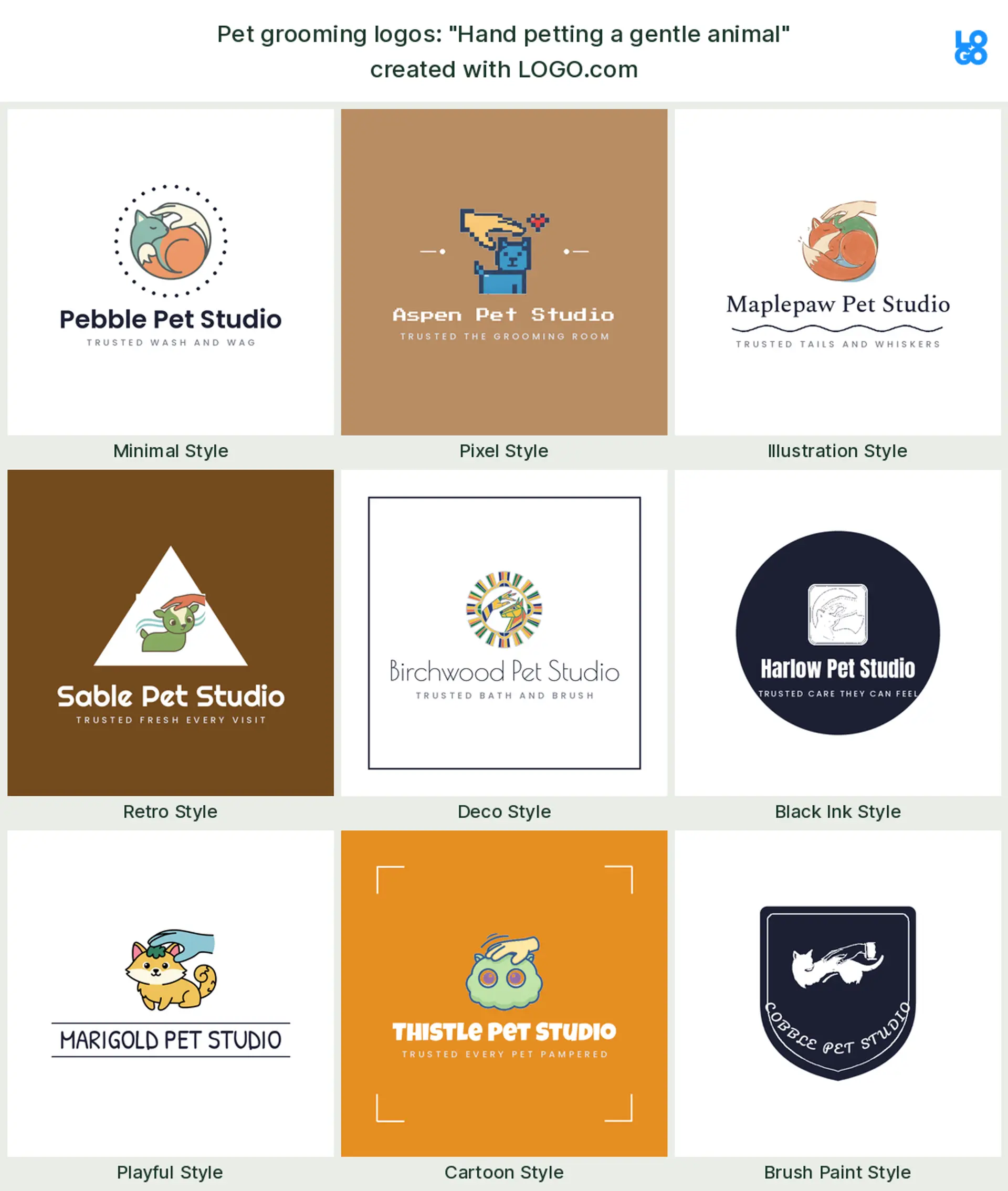 The "Hand petting a gentle animal" pet grooming logo idea, shown across nine styles on LOGO.com