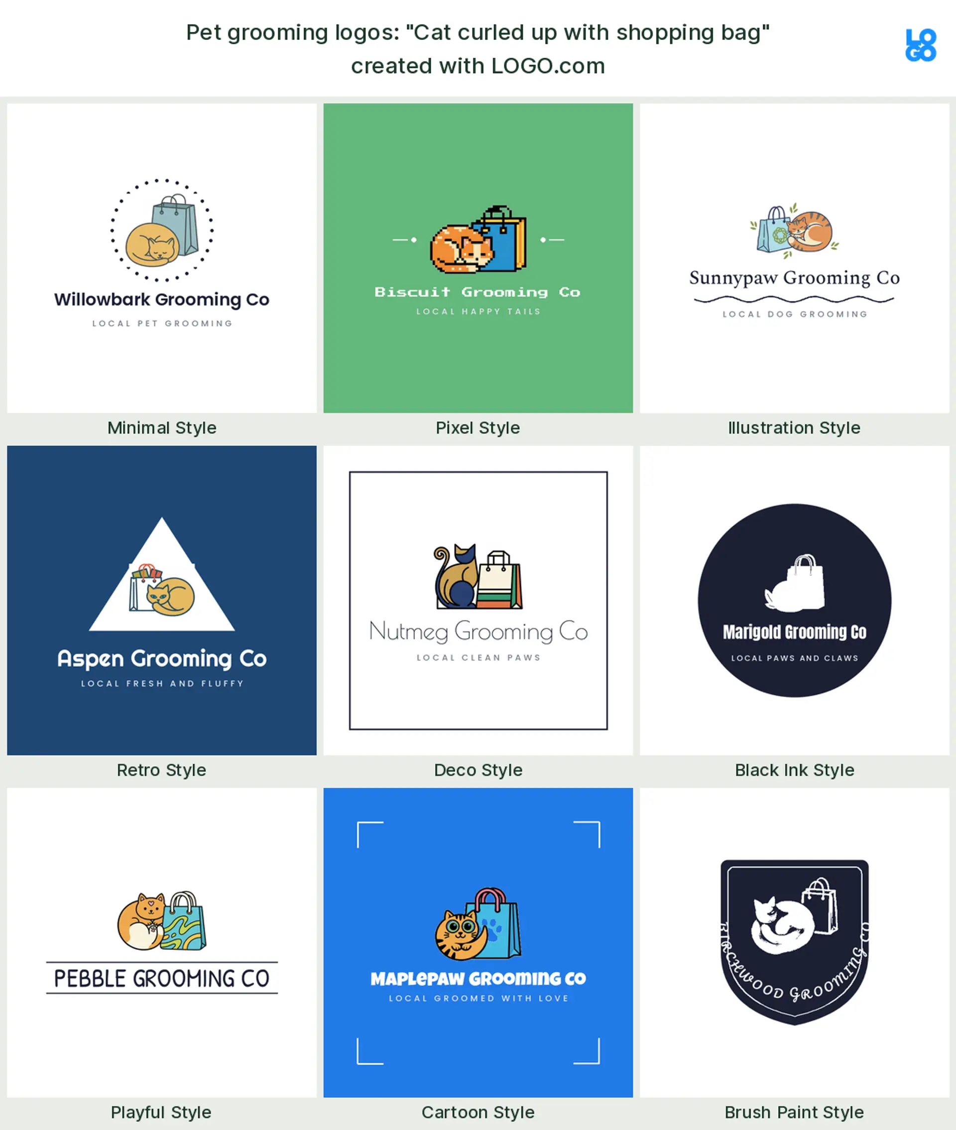 The "Cat curled up with shopping bag" pet grooming logo idea, shown across nine styles on LOGO.com