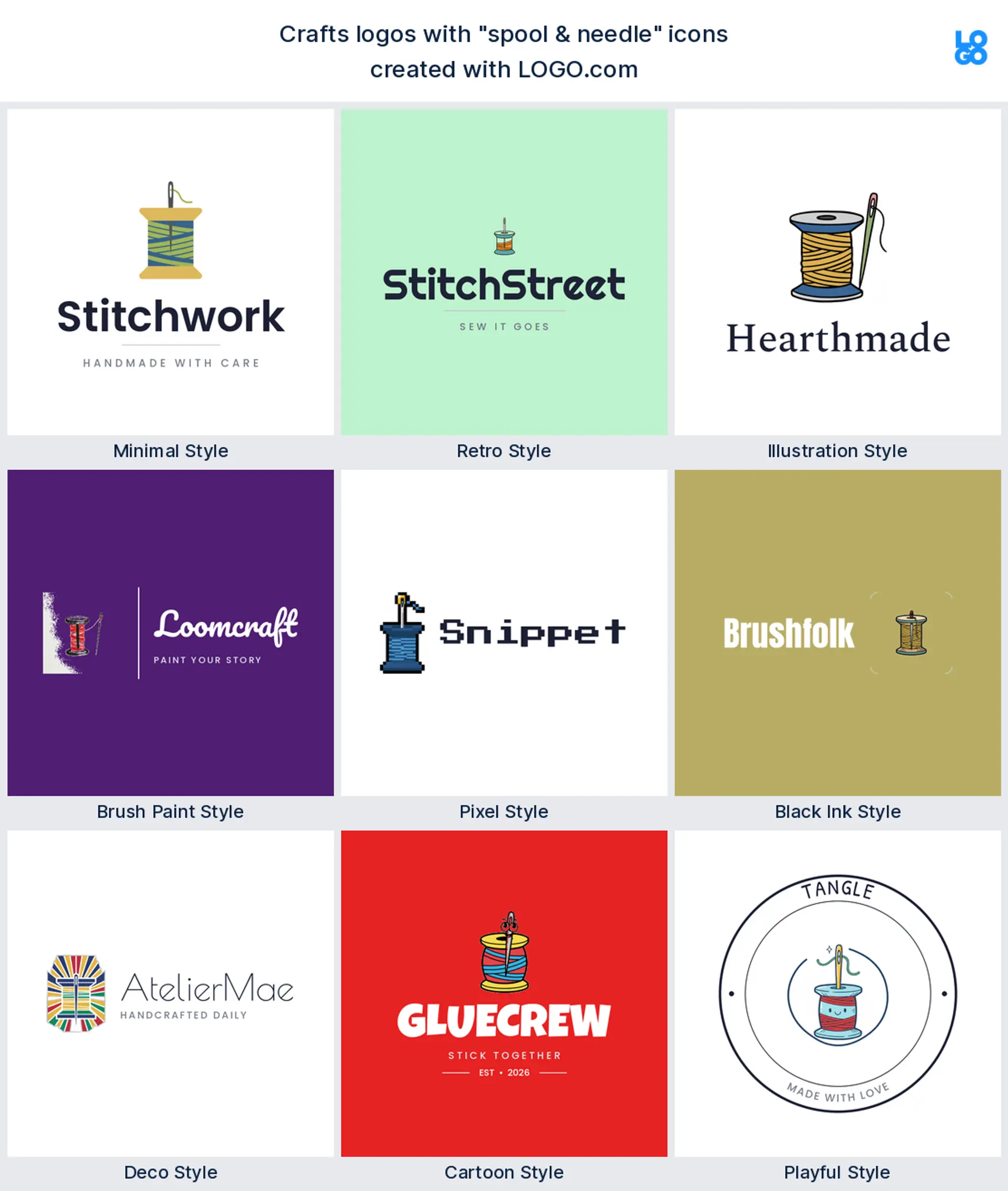 Spool and needle craft logo shown in nine LOGO.com styles