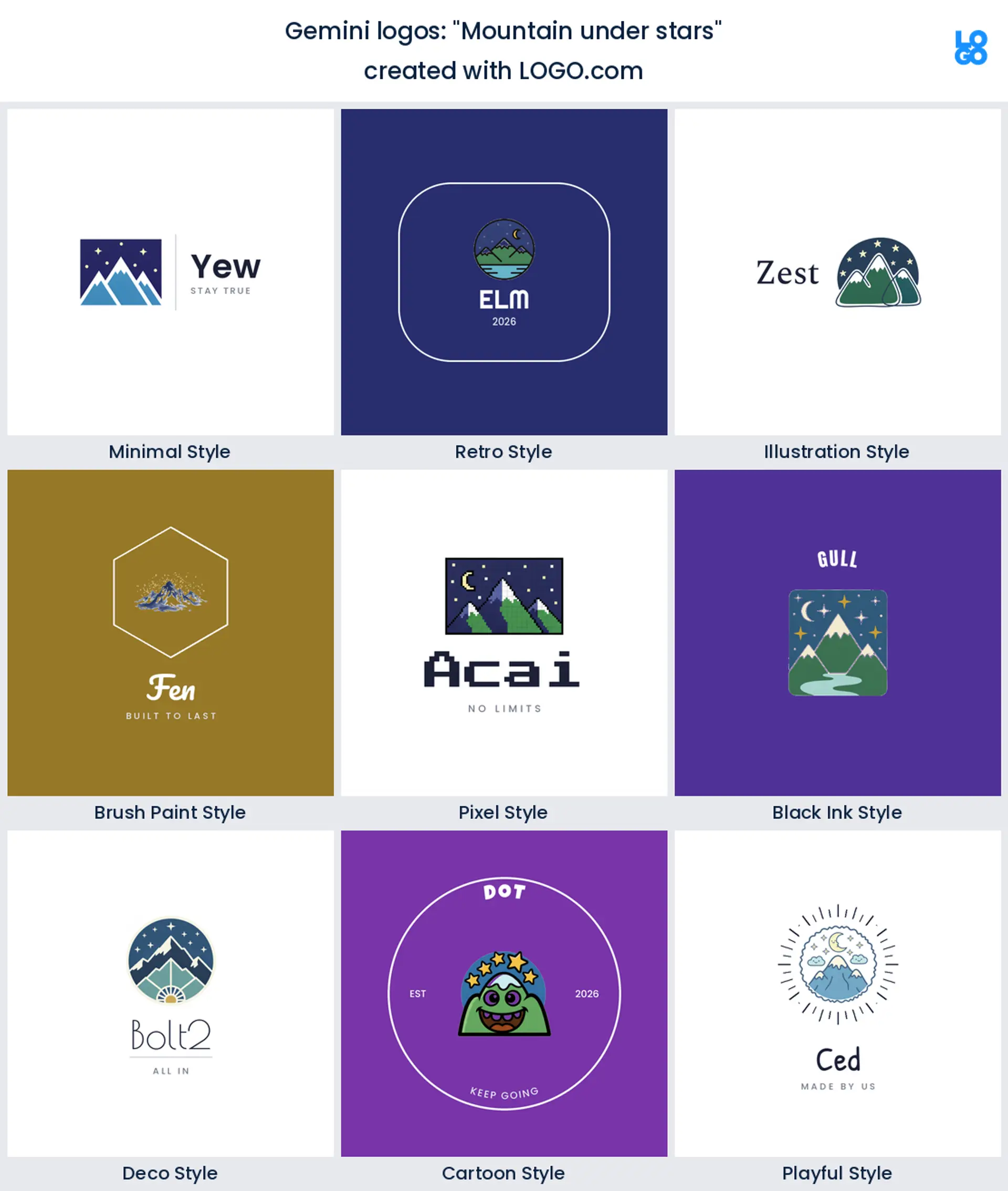 Mountain under stars, Gemini logo shown in nine LOGO.com styles