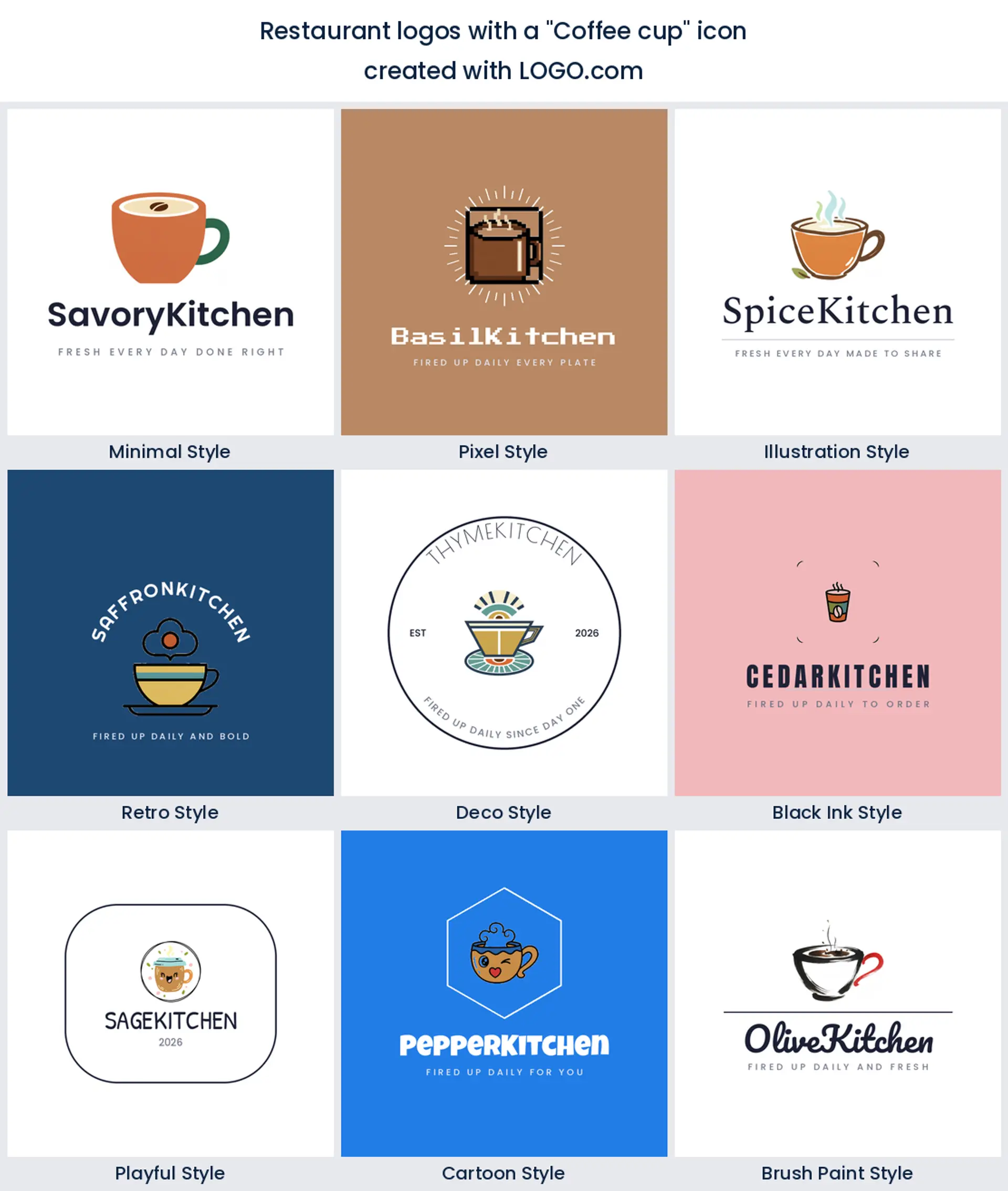 Coffee cup cafe logo shown in nine LOGO.com styles.