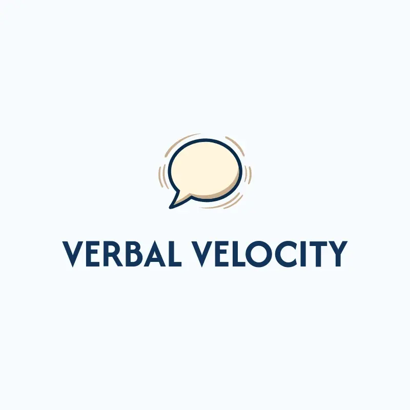 The podcast name Verbal Velocity as a branded logo with a color icon