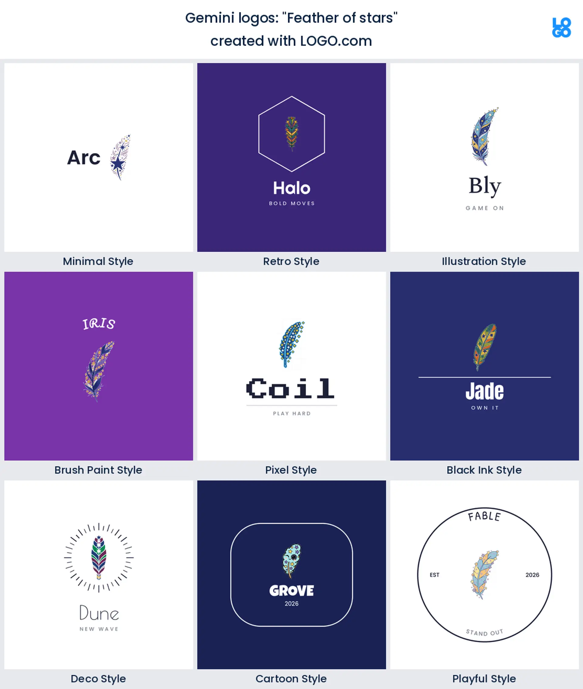 Feather of stars, Gemini logo shown in nine LOGO.com styles