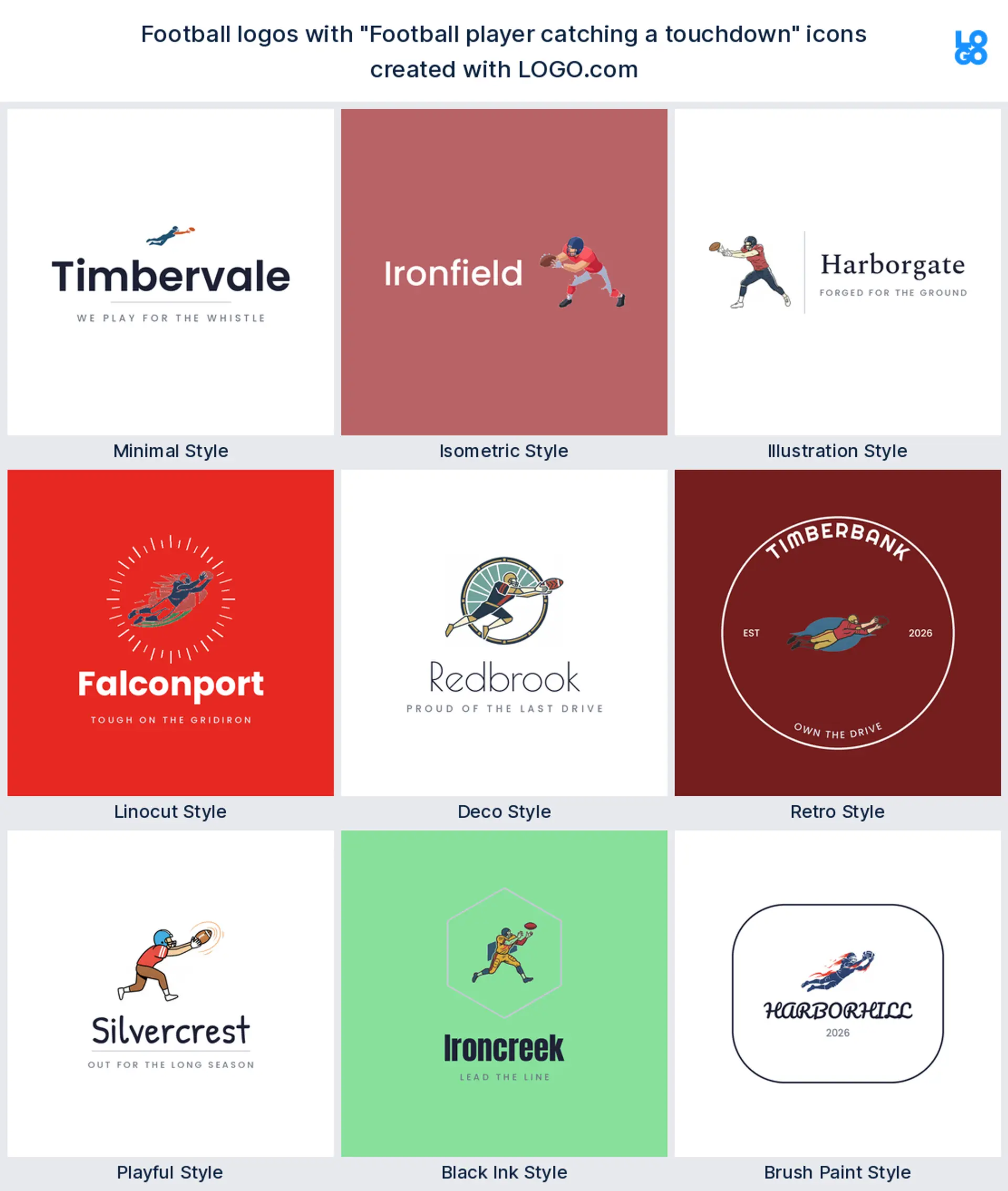 Football player catching a touchdown logo shown in nine LOGO.com styles