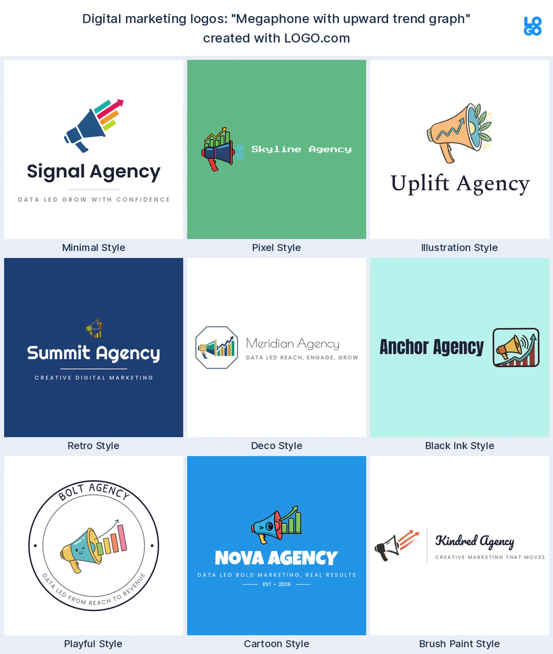 The "Megaphone with upward trend graph" digital marketing logo idea, shown across nine styles on LOGO.com