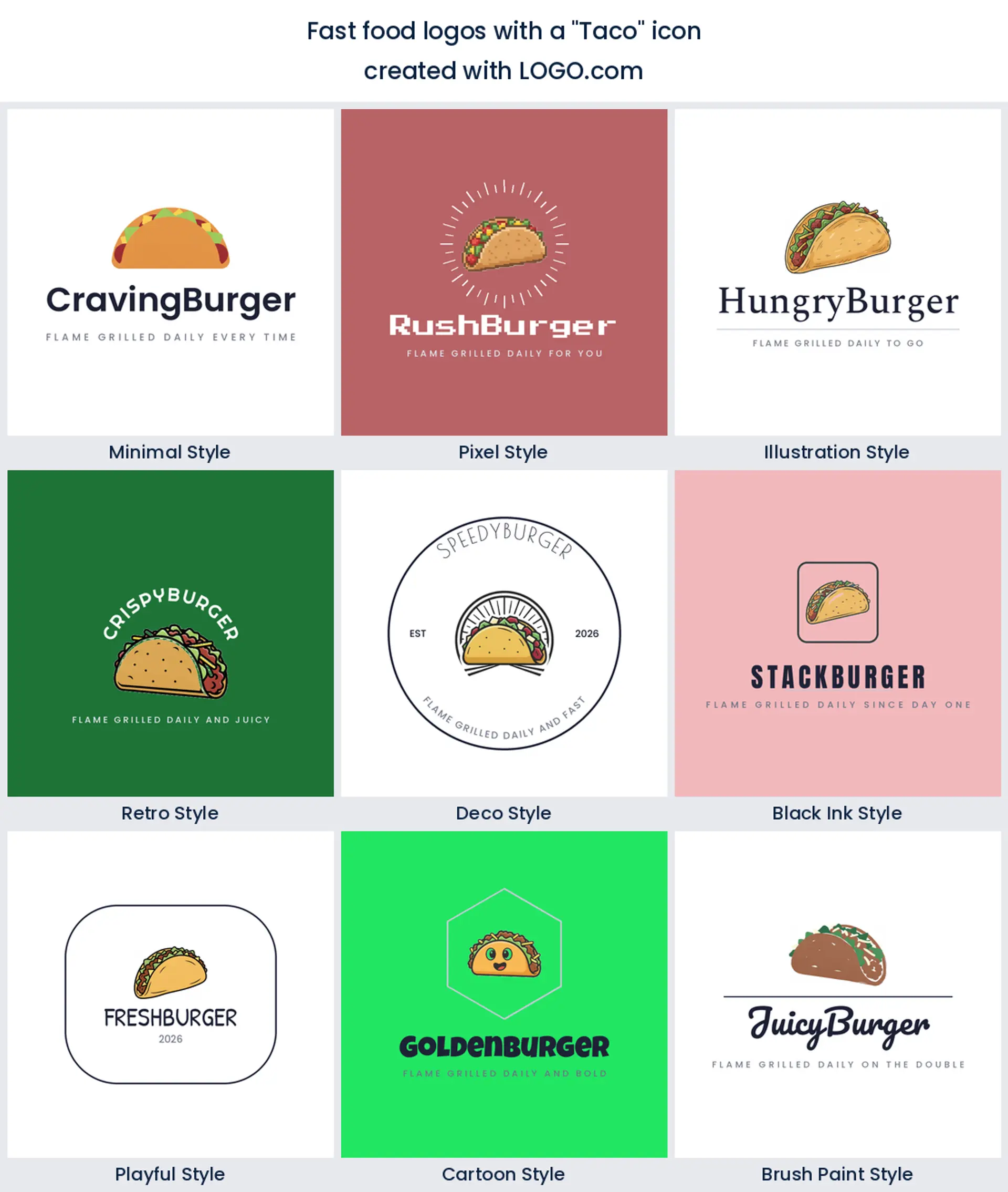 Taco fast food logo shown in nine LOGO.com styles.