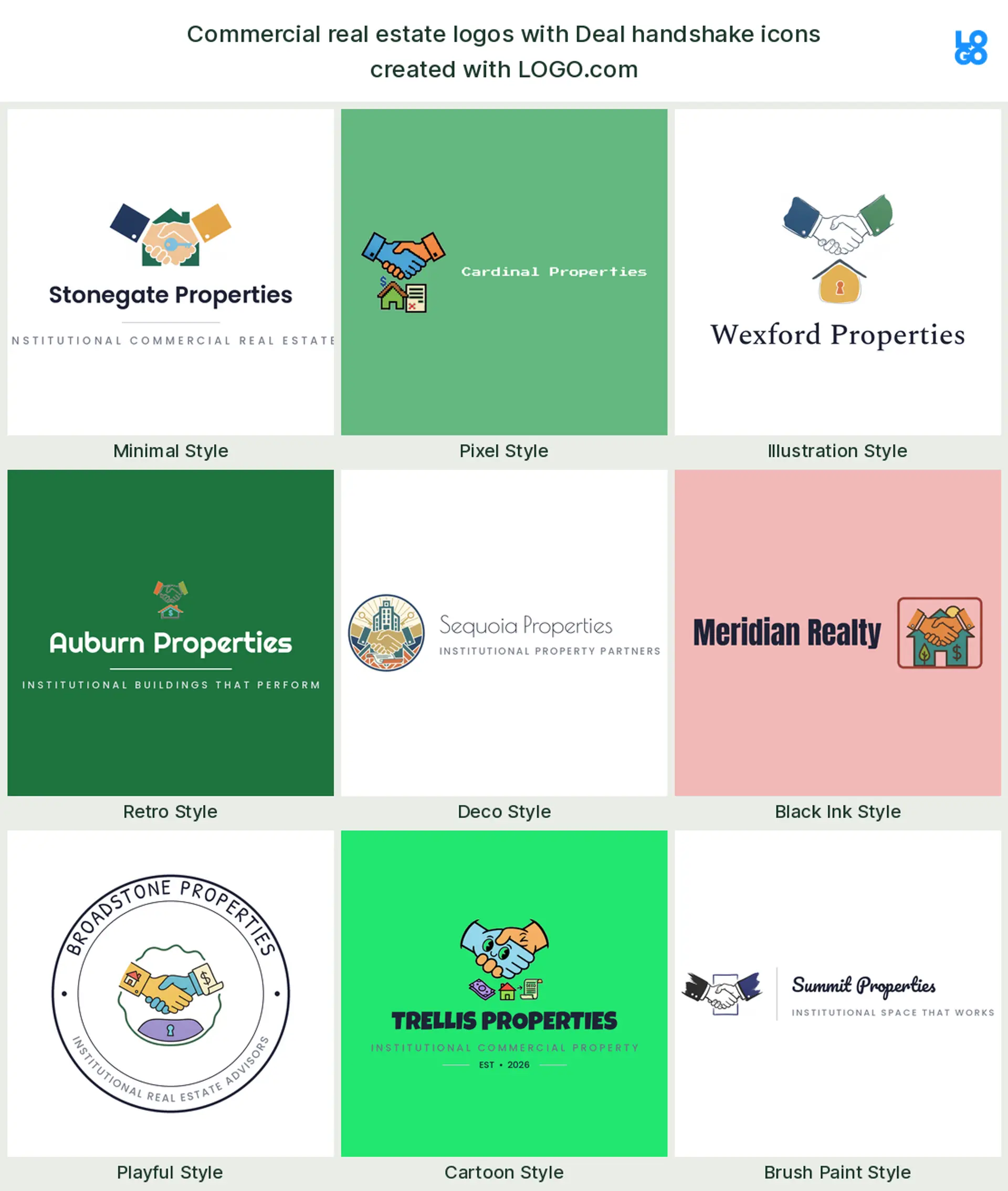 A deal handshake, a popular commercial real estate logo symbol, shown across nine styles on LOGO.com