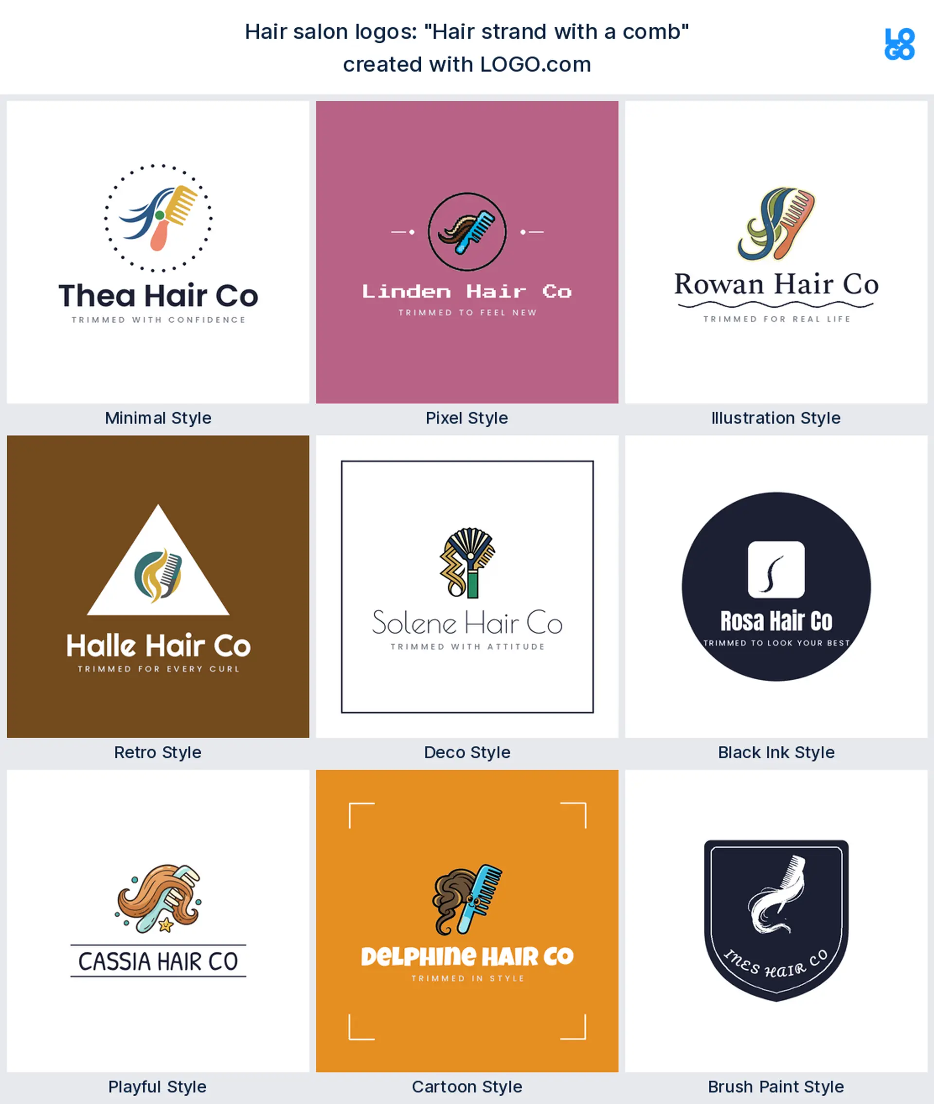 The "Hair strand with a comb" hair salon logo idea shown across nine LOGO.com styles