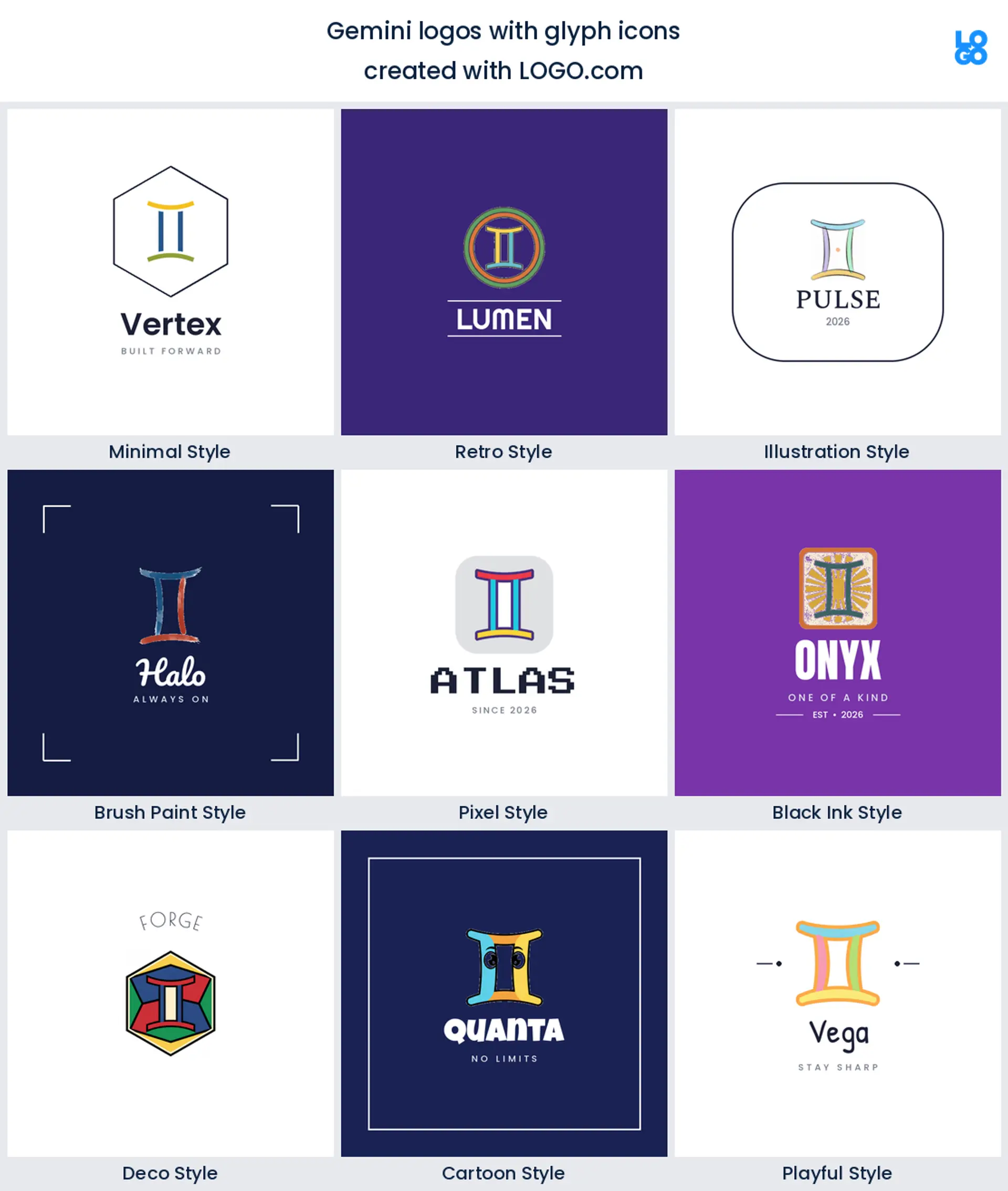 Gemini glyph logo shown in nine LOGO.com styles