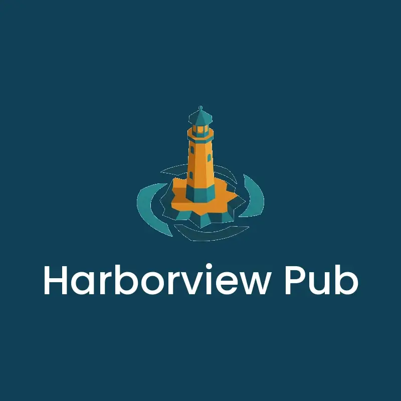The bar name Harborview Pub as a branded logo in an isometric style
