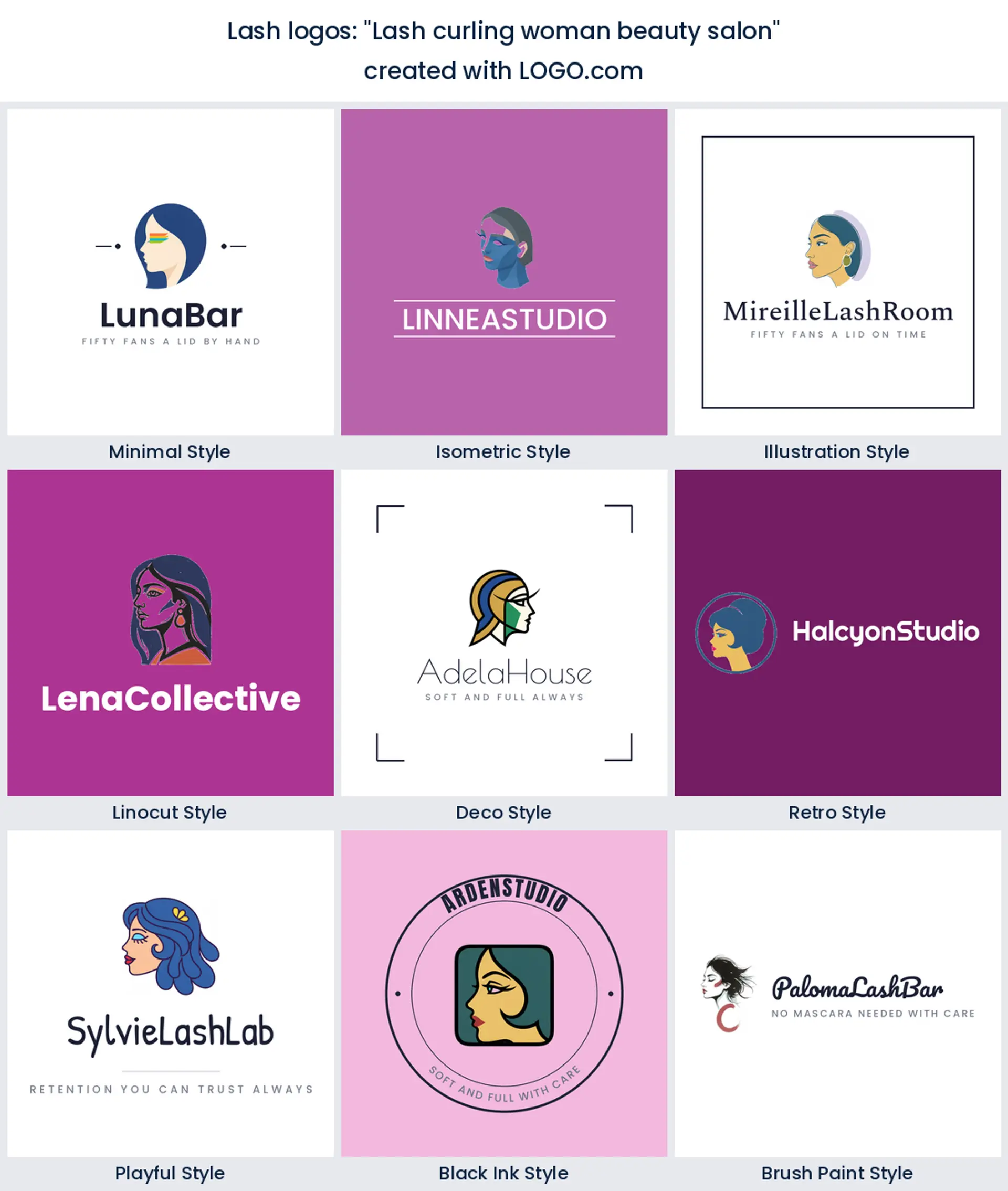A lash logo built from the founder prompt "Lash curling woman beauty salon", shown in nine design styles.