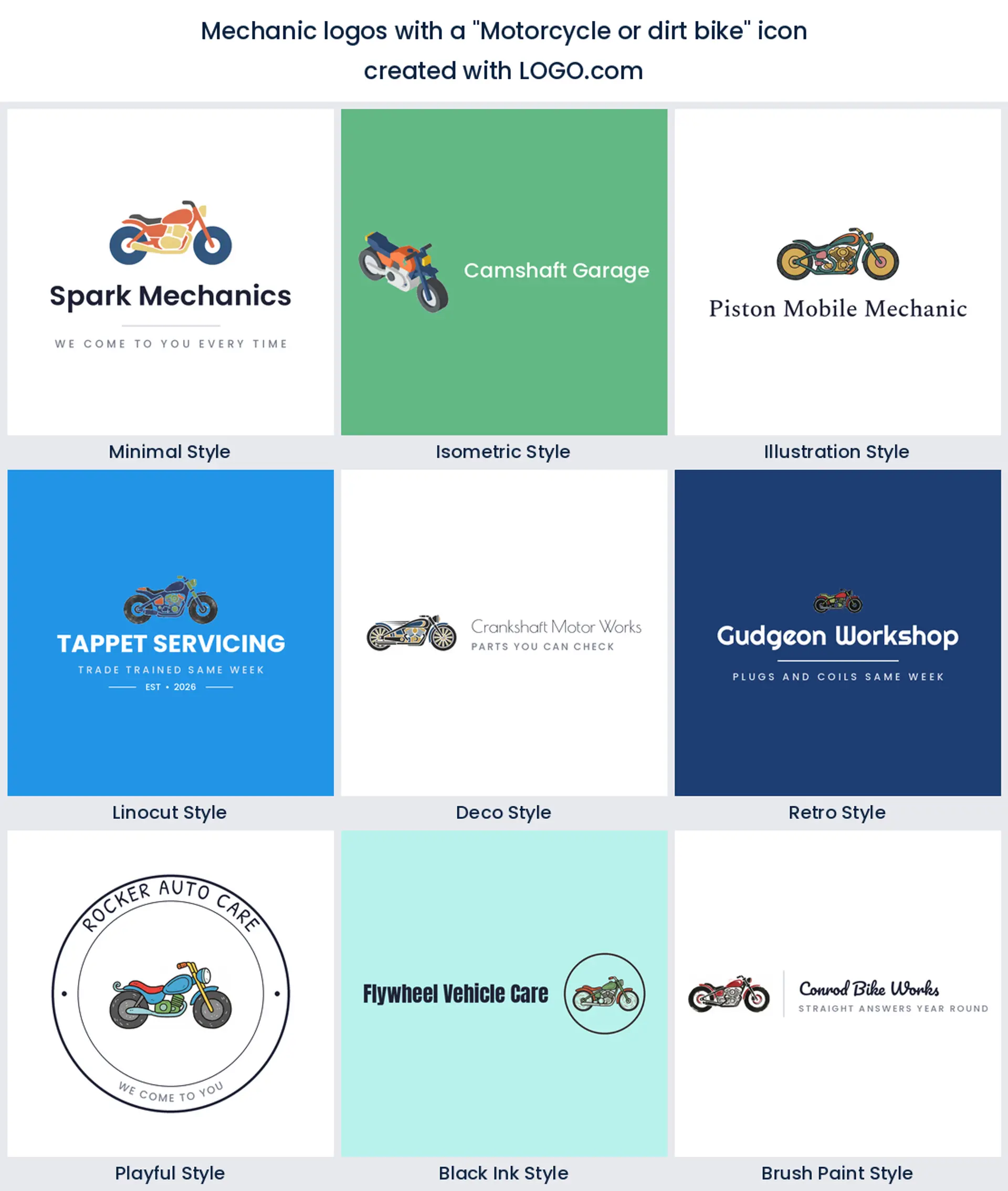 Motorcycle mechanic logo shown in nine LOGO.com styles