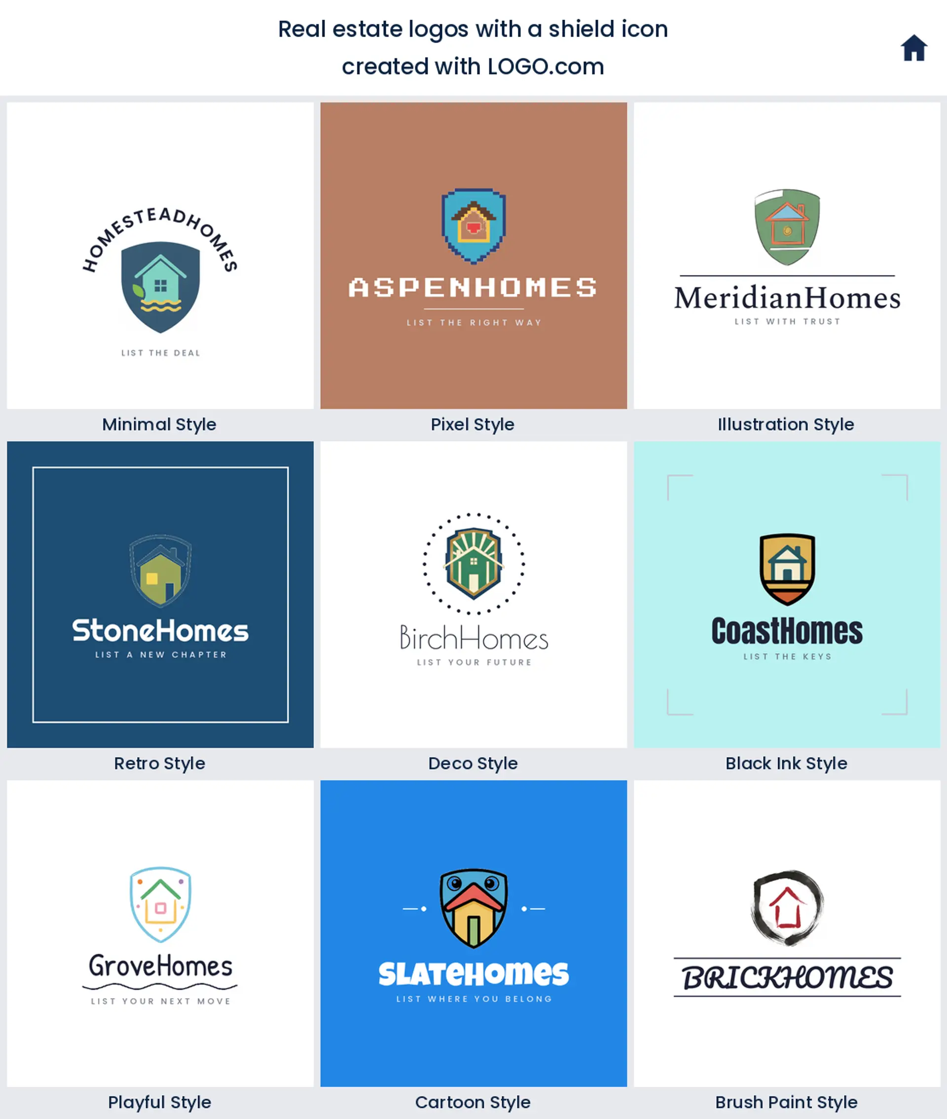 Shield and house real estate logo shown in nine LOGO.com styles