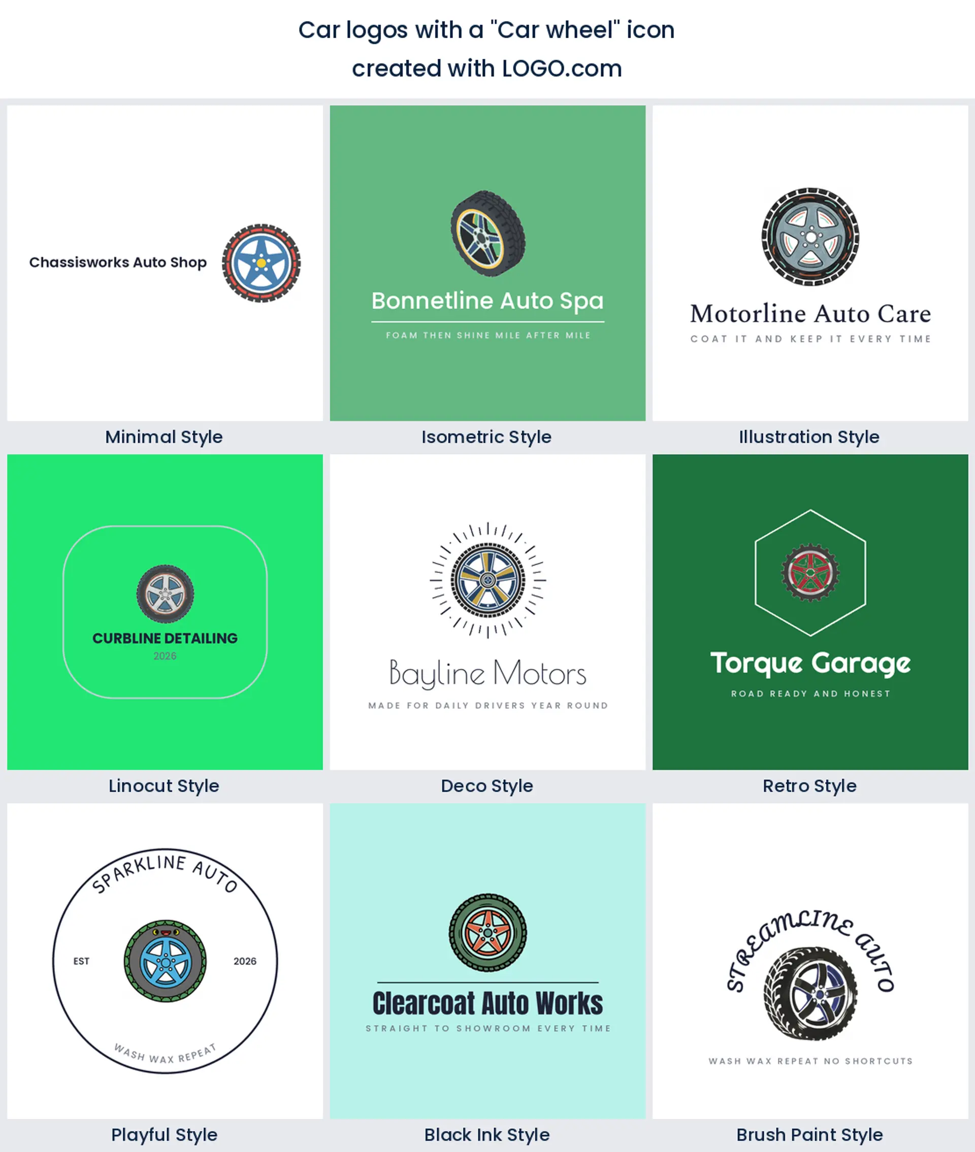 Nine car logos built around a car wheel icon, shown in nine different styles.