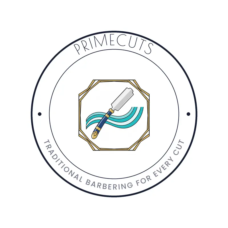 An art deco cut throat razor and waves logo on a white background.