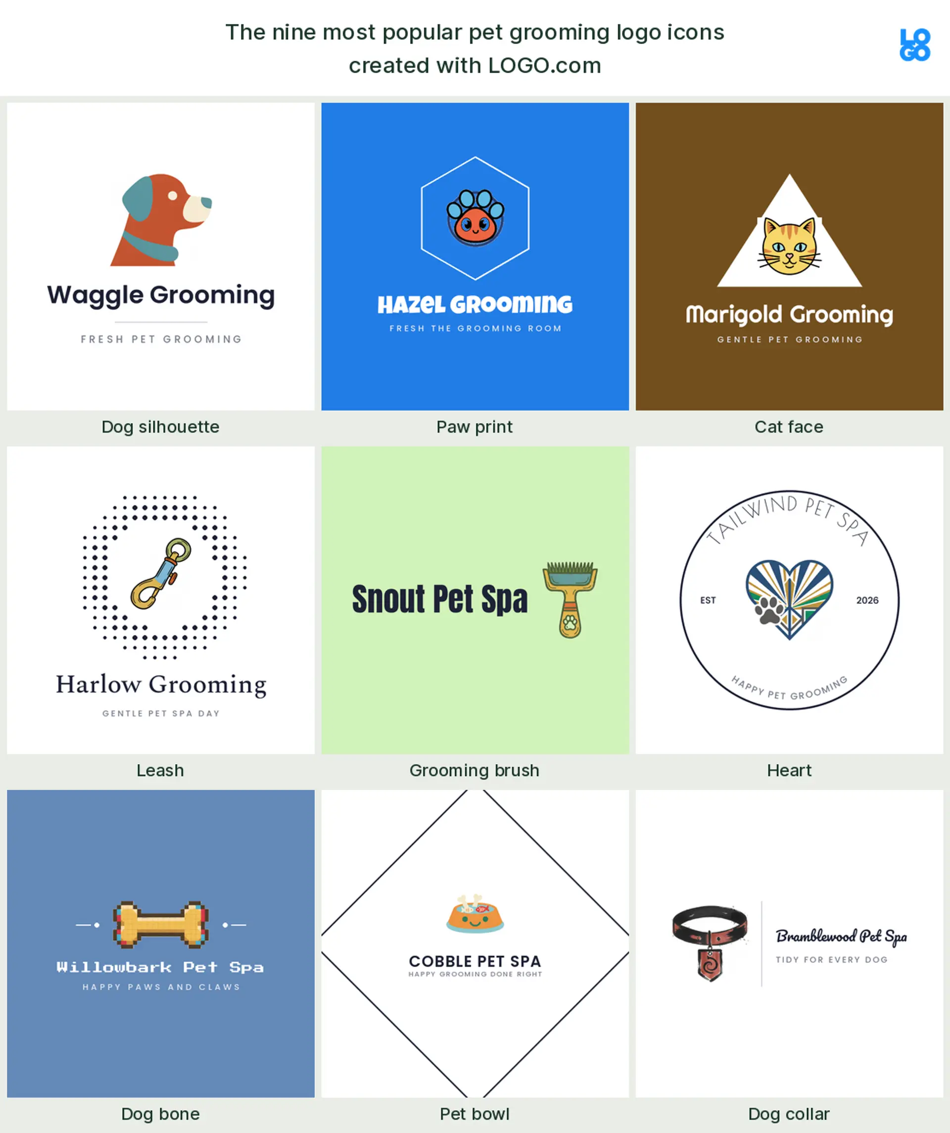 The nine most popular pet grooming logo icons on LOGO.com, a dog grooming logo set shown across nine styles