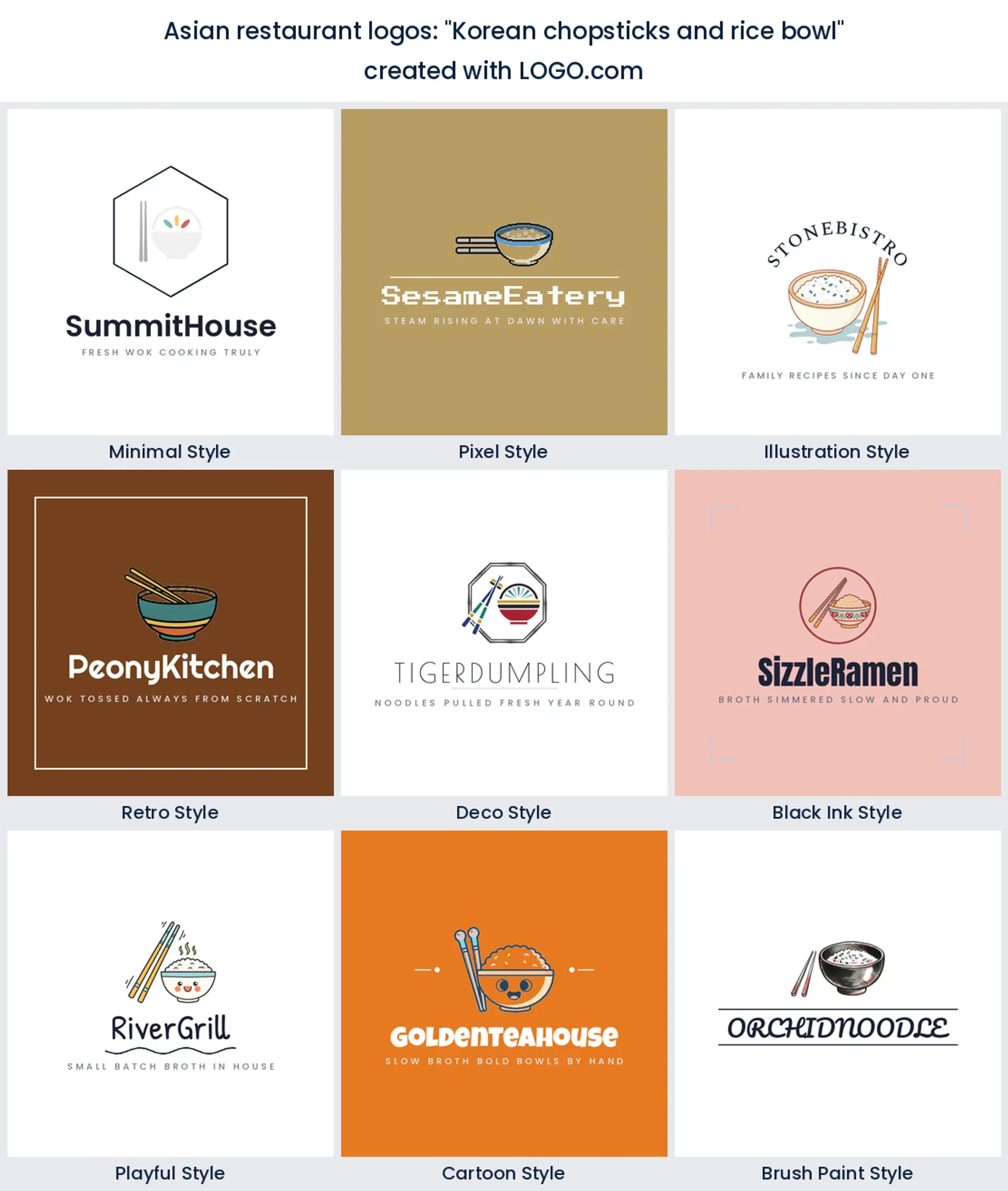 Korean chopsticks and rice bowl Asian restaurant logo in nine styles.