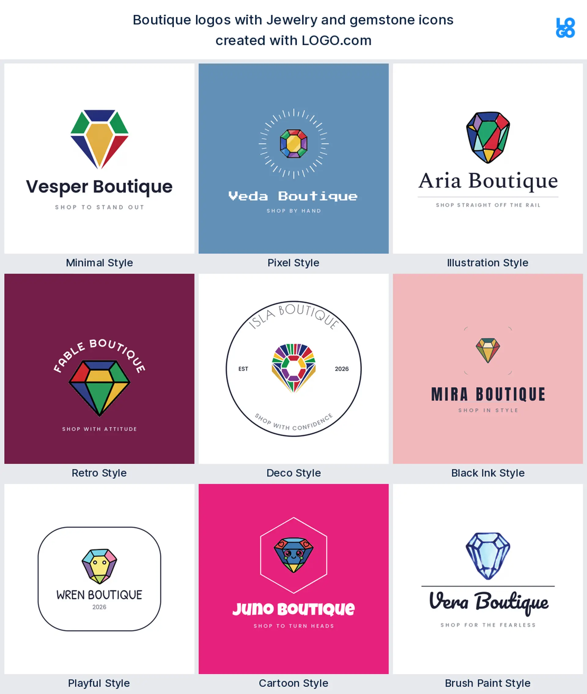 Jewelry and gemstone shown across nine LOGO.com logo styles