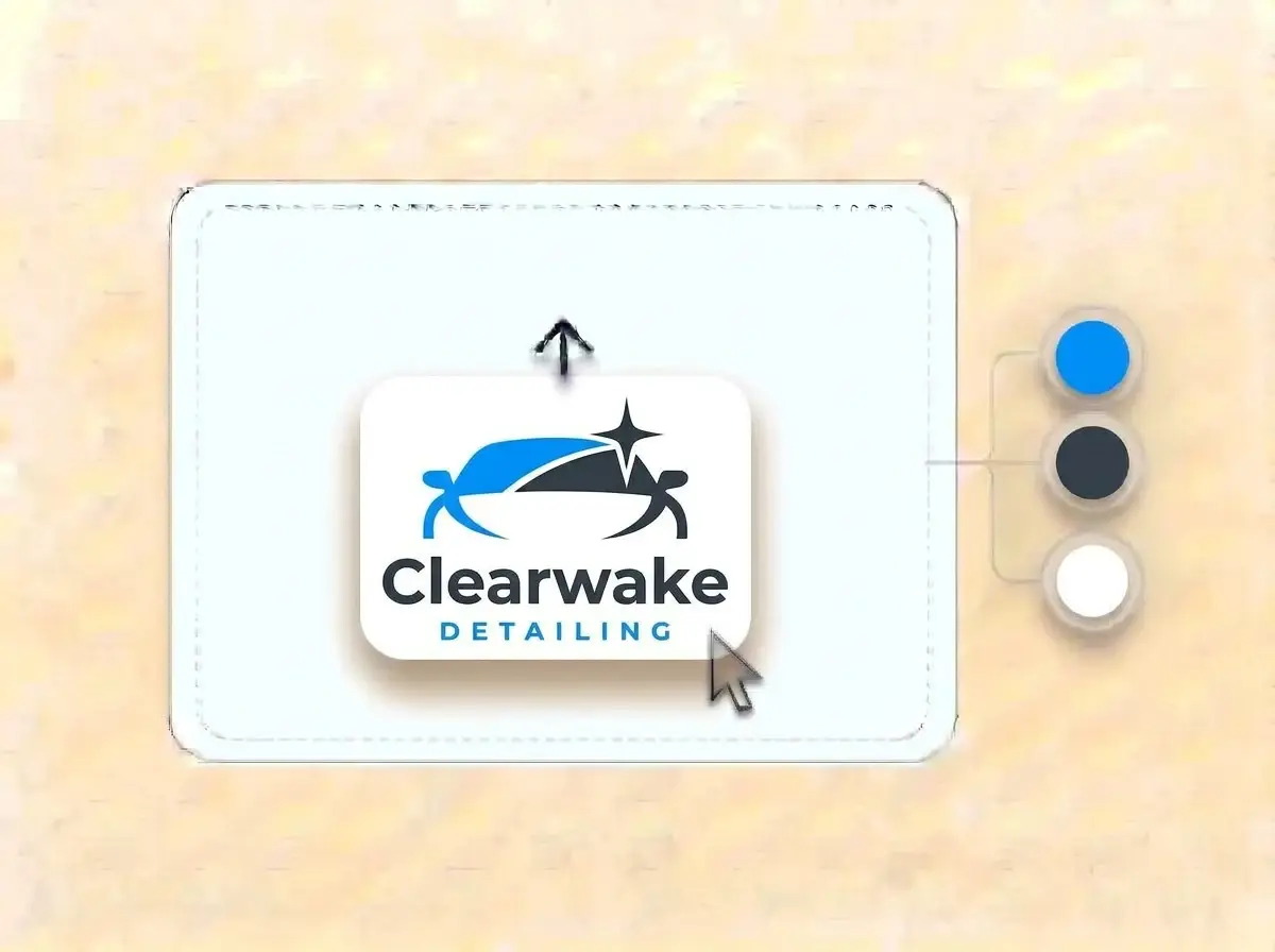 Clearwake Detailing logo, an electric blue and charcoal car hood with a sparkle on a white card, dropped into the LOGO.com upload box with its colors split into swatches