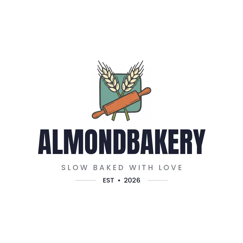 A one color wheat and rolling pin bakery logo on white.