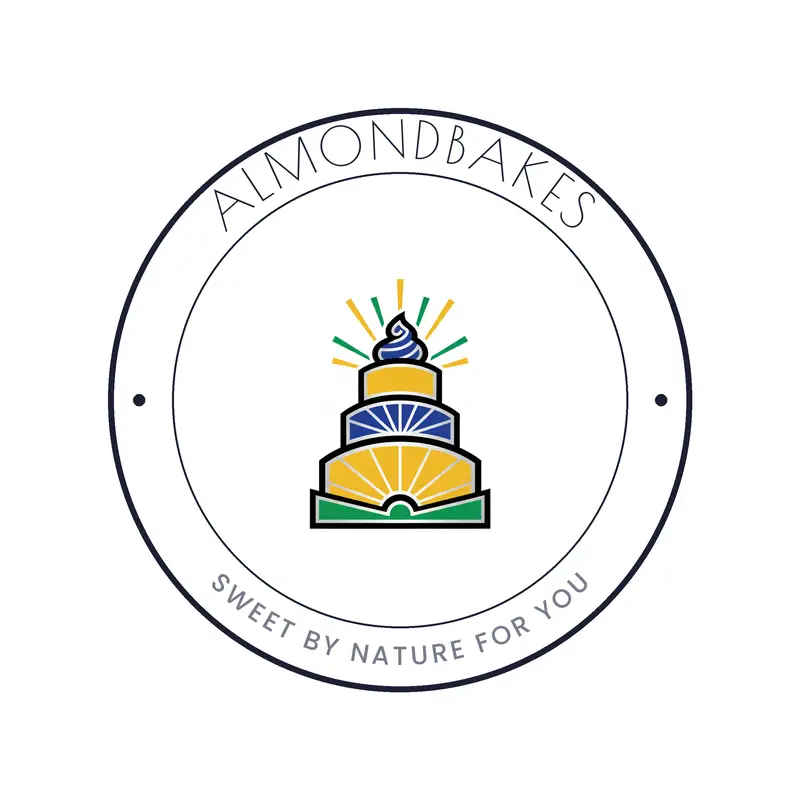 An art deco cake with frosting swirl bakery logo on white.