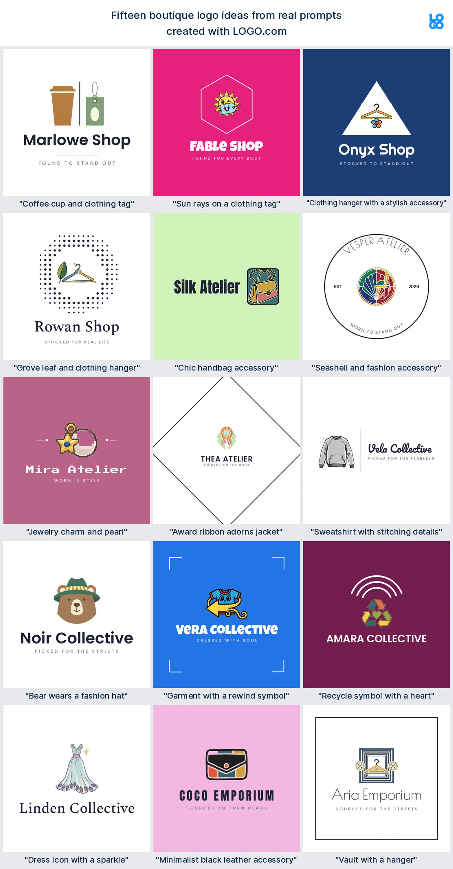 Fifteen boutique logo ideas from real founder prompts, shown across nine styles