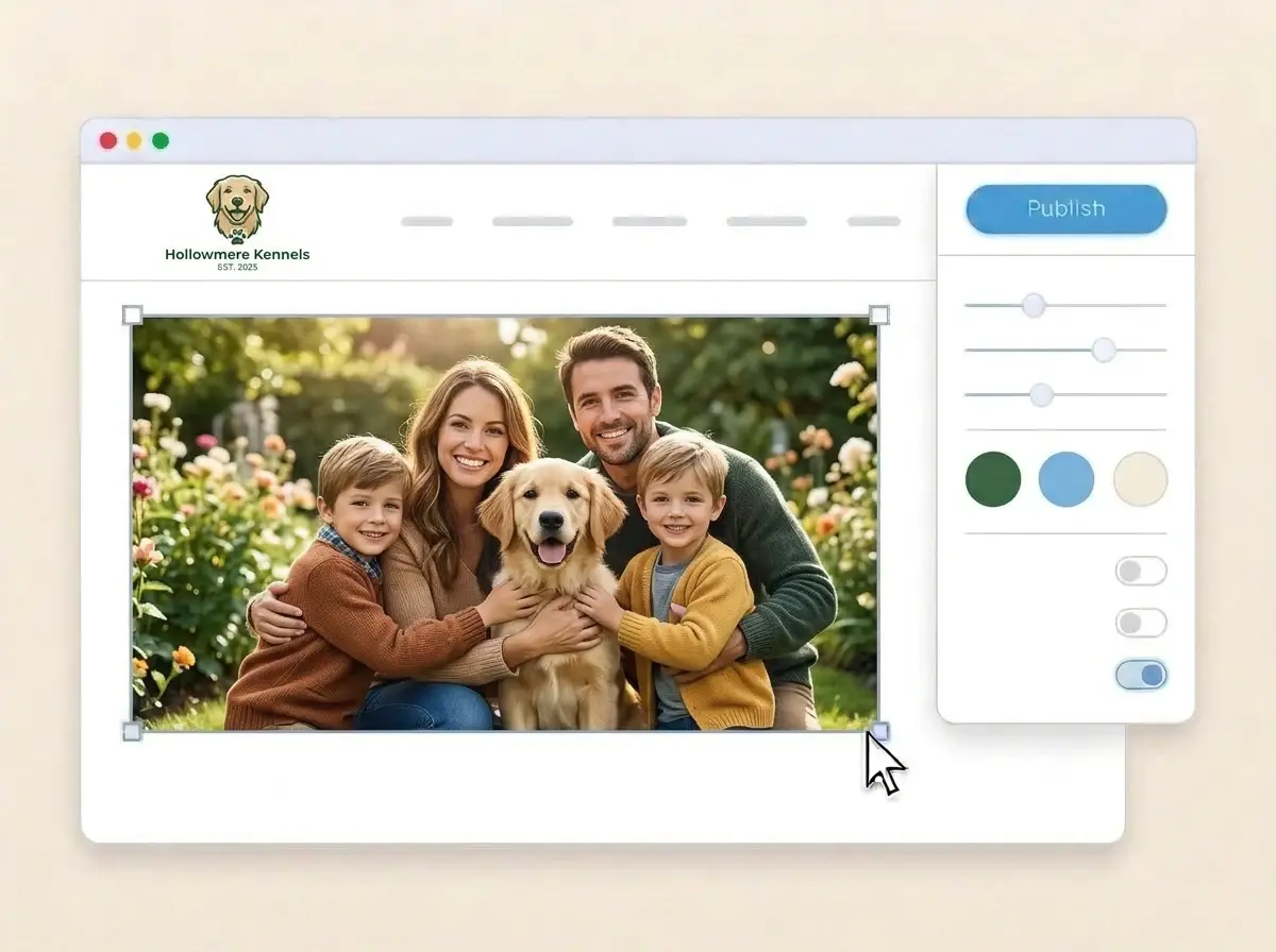 Editing the Hollowmere Kennels website with a photo of a family hugging their golden retriever in a garden selected, the style panel open and the Publish button ready