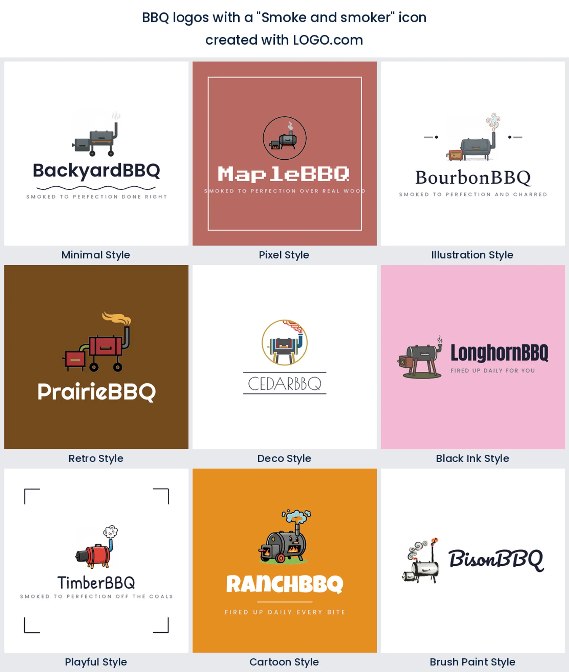 Smoke and smoker bbq logo shown in nine LOGO.com styles.