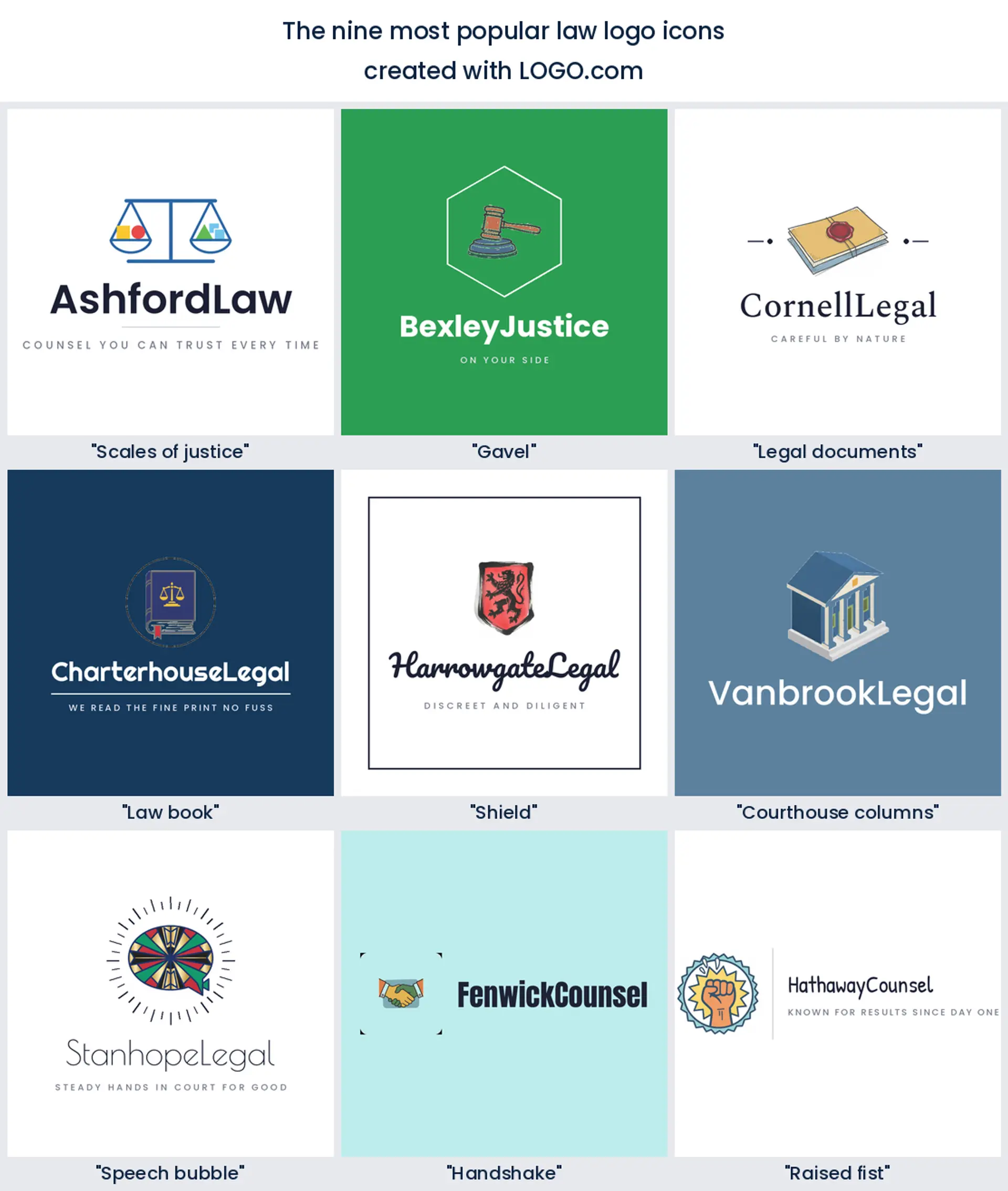 The nine most popular lawyer logo icons, shown as legal logo examples made on LOGO.com