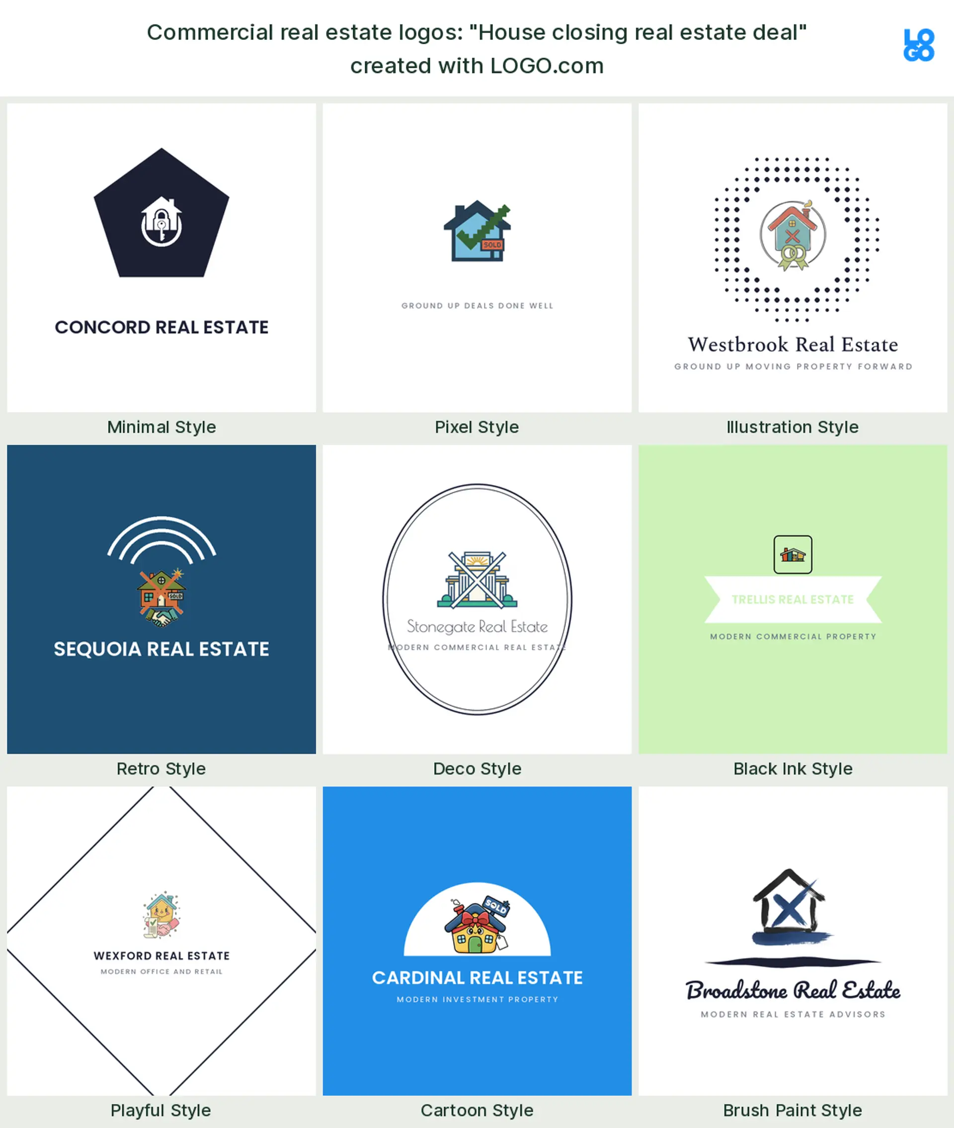 The "House closing real estate deal" commercial real estate logo idea, shown across nine styles on LOGO.com