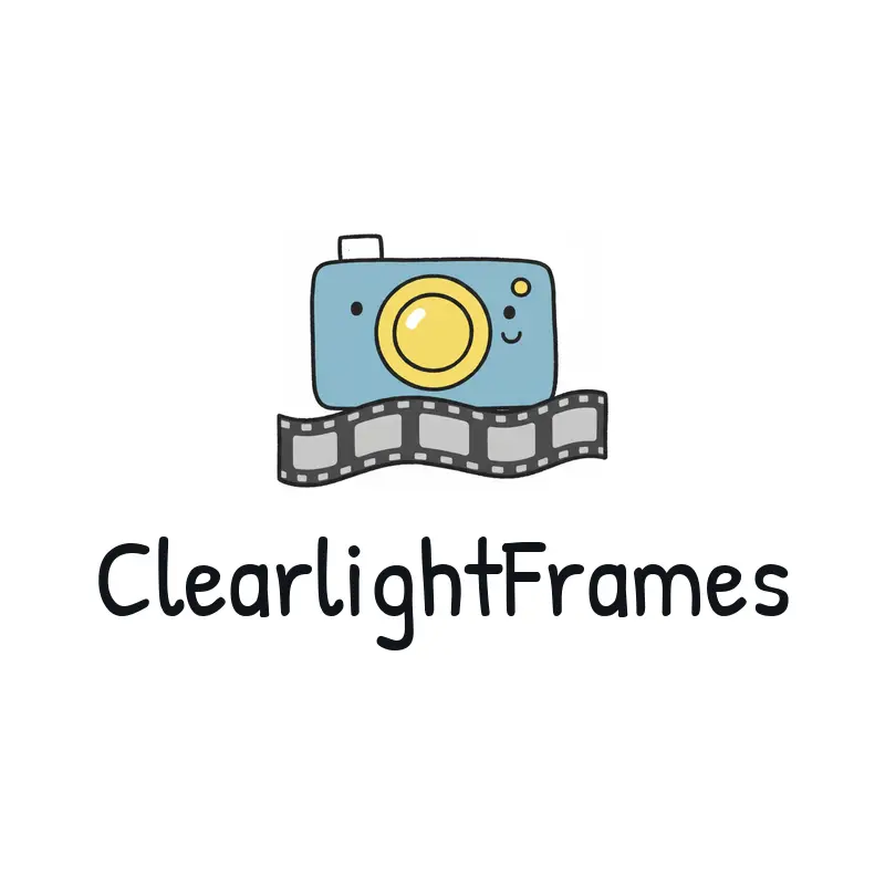 Playful headshot studio logo with a portrait camera and dark film