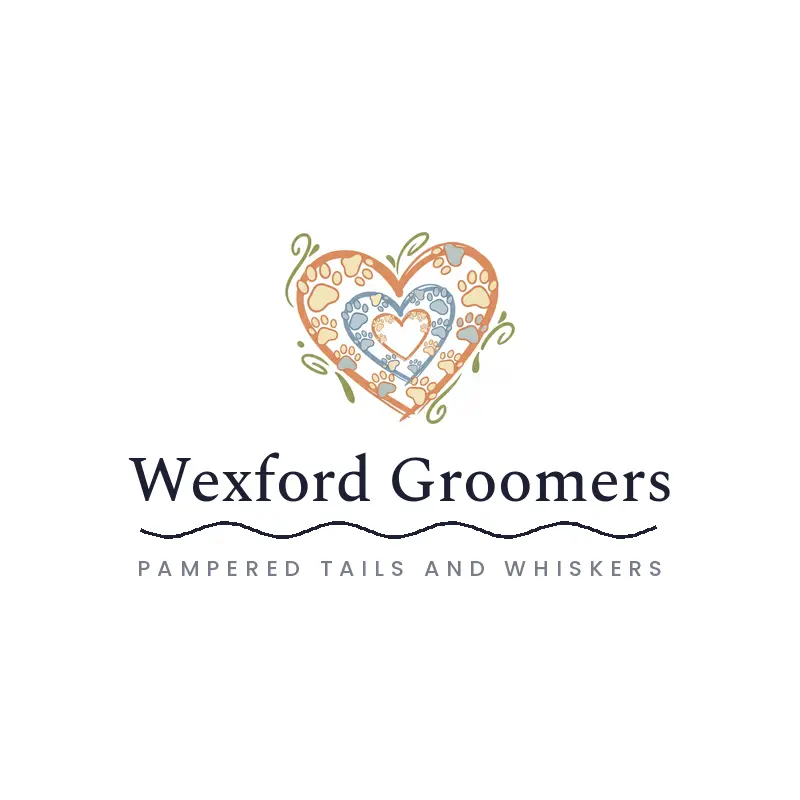 Dog and cat paw prints as hearts, a family friendly pet grooming logo in an illustrated style