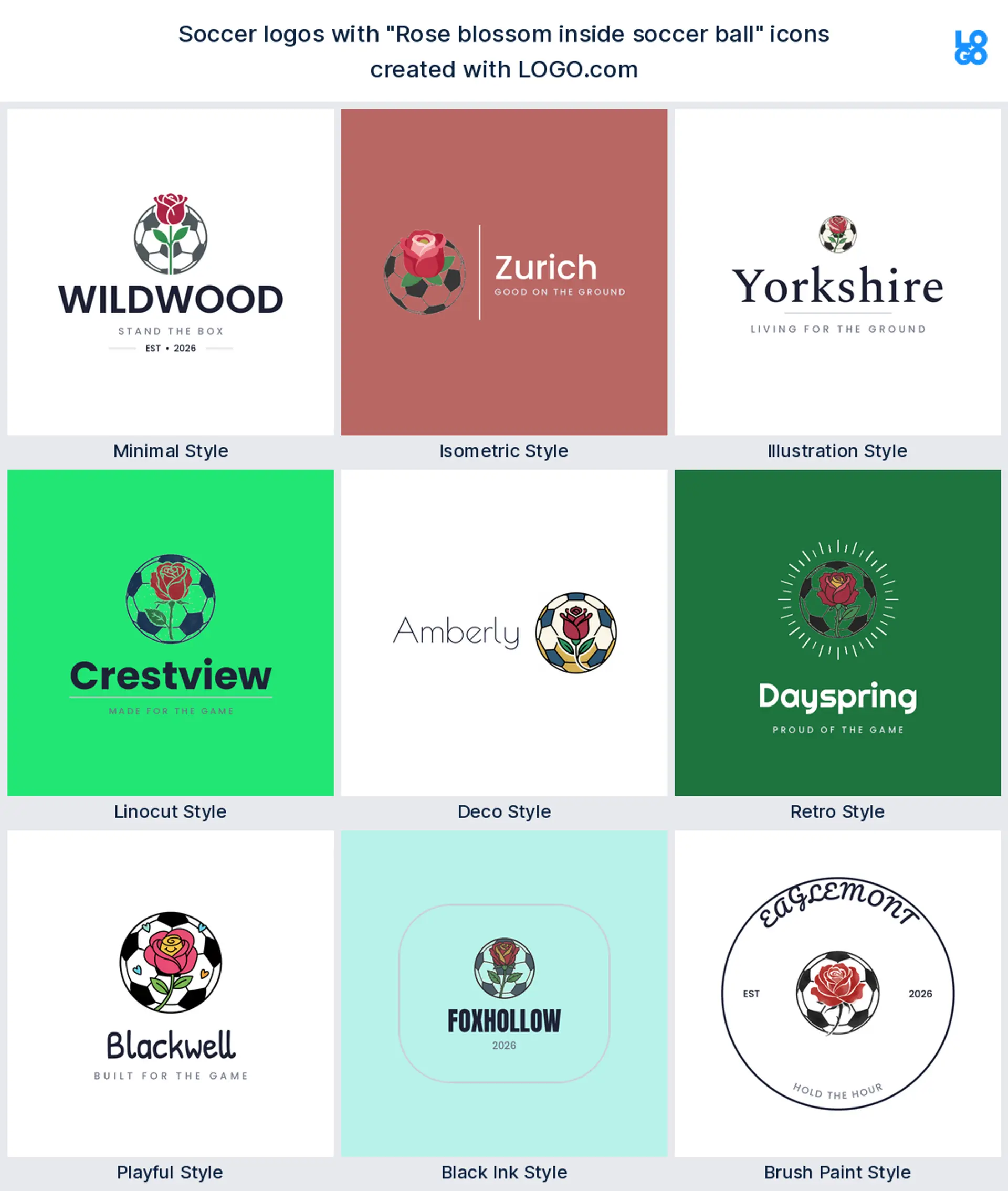 Rose blossom soccer logo shown in nine LOGO.com styles