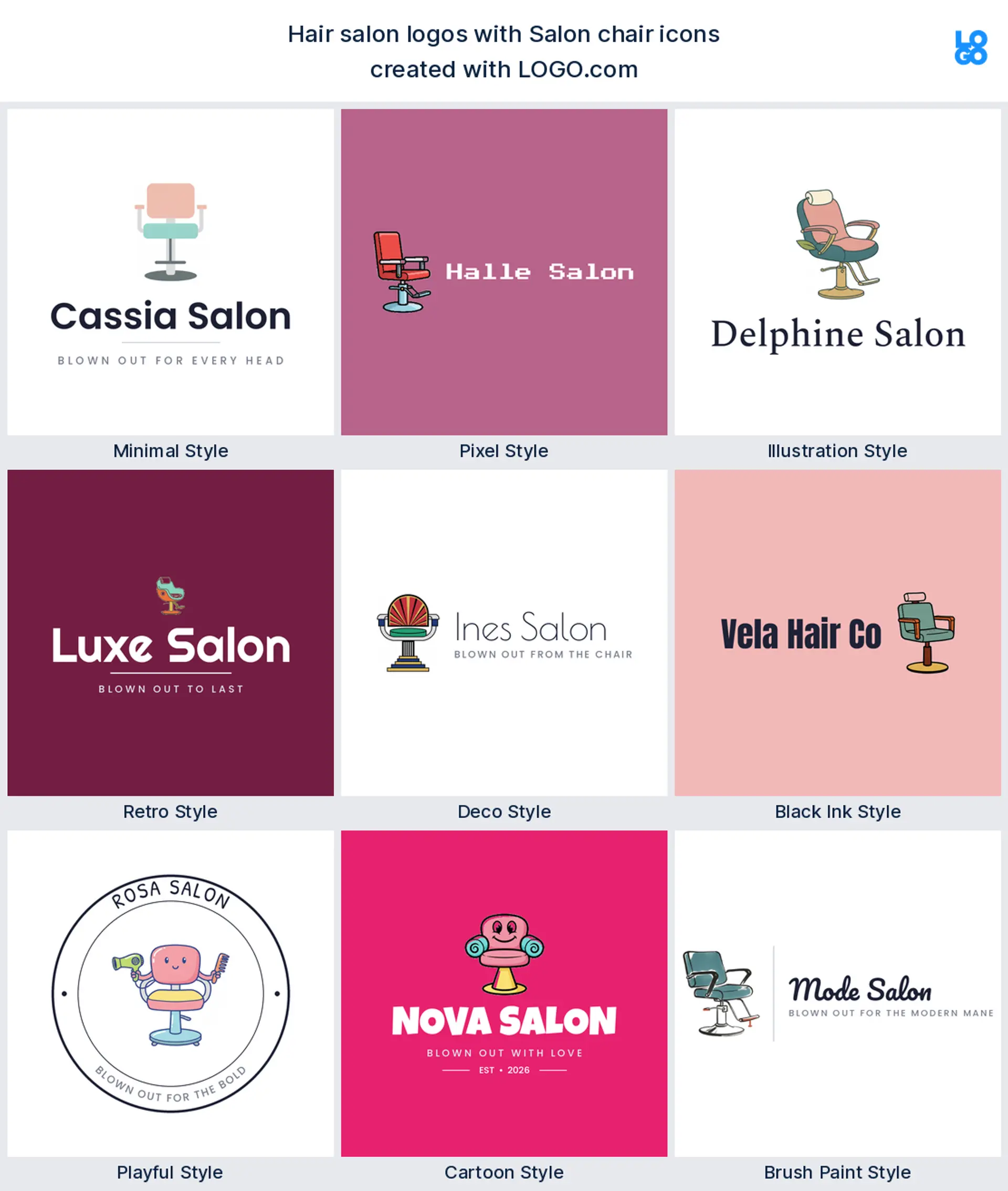 Salon chair shown across nine LOGO.com hair salon logo styles