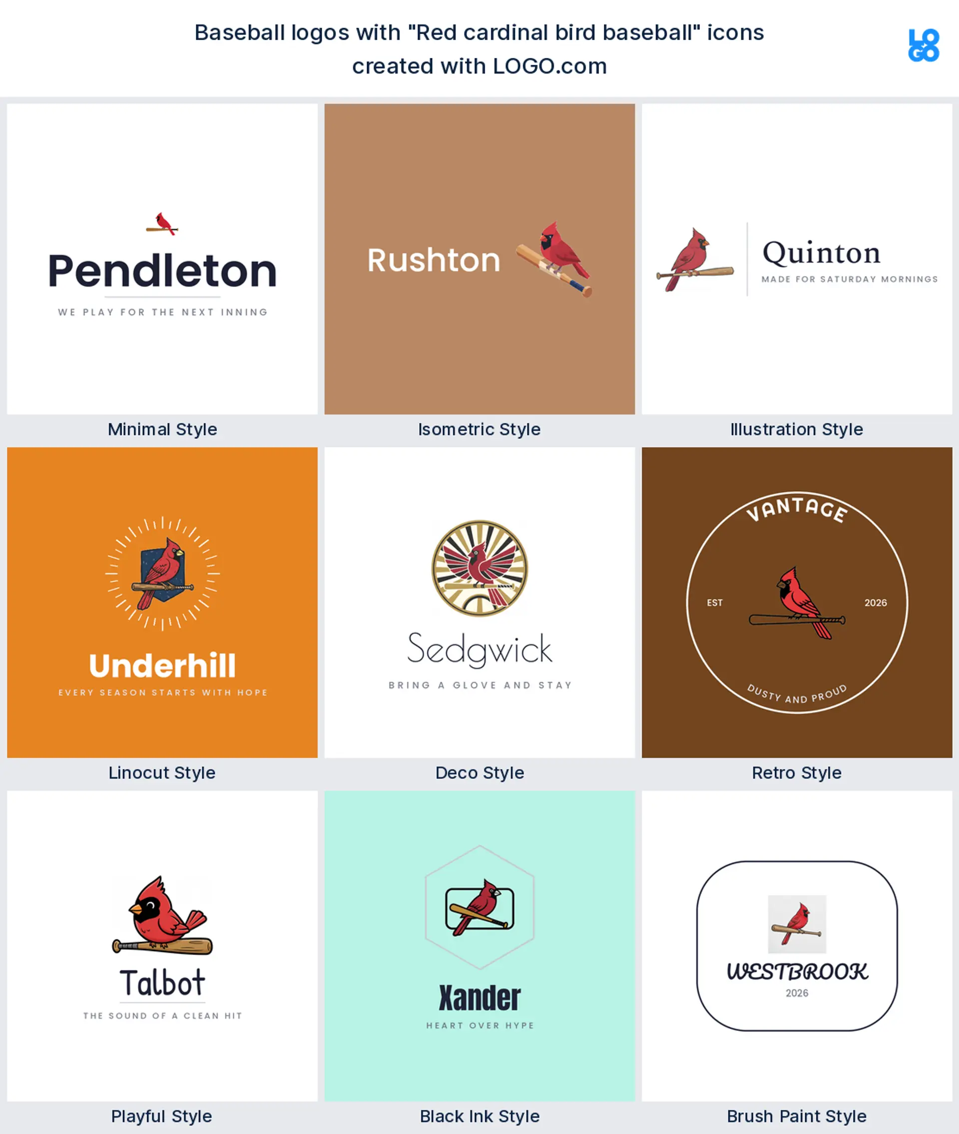 Cardinal bird baseball logo shown in nine LOGO.com styles